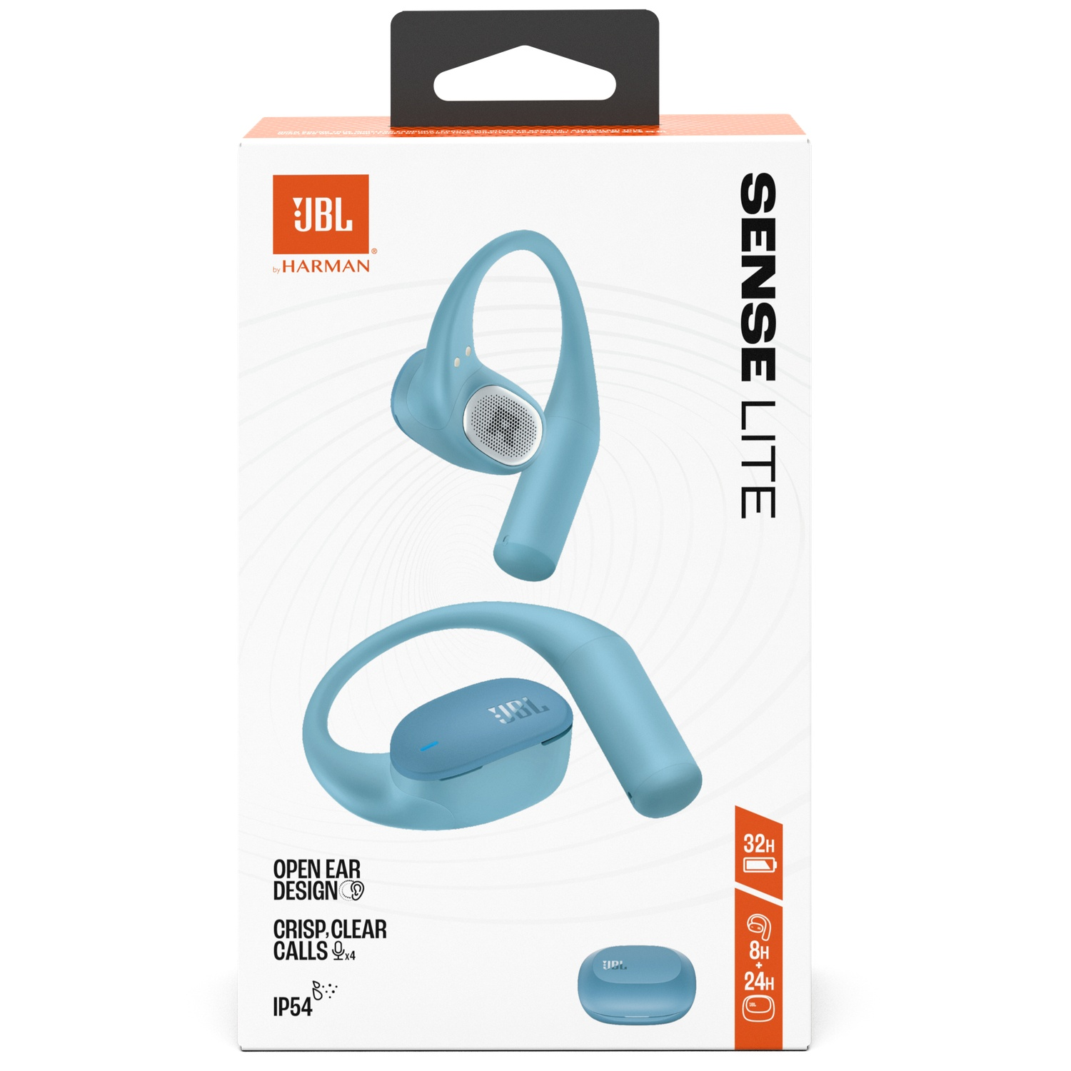 Une boîte d'écouteurs JBL Sense Lite. Les écouteurs sont bleu clair, avec le logo JBL visible. Le texte sur la boîte comprend 'OPEN EAR DESIGN'.