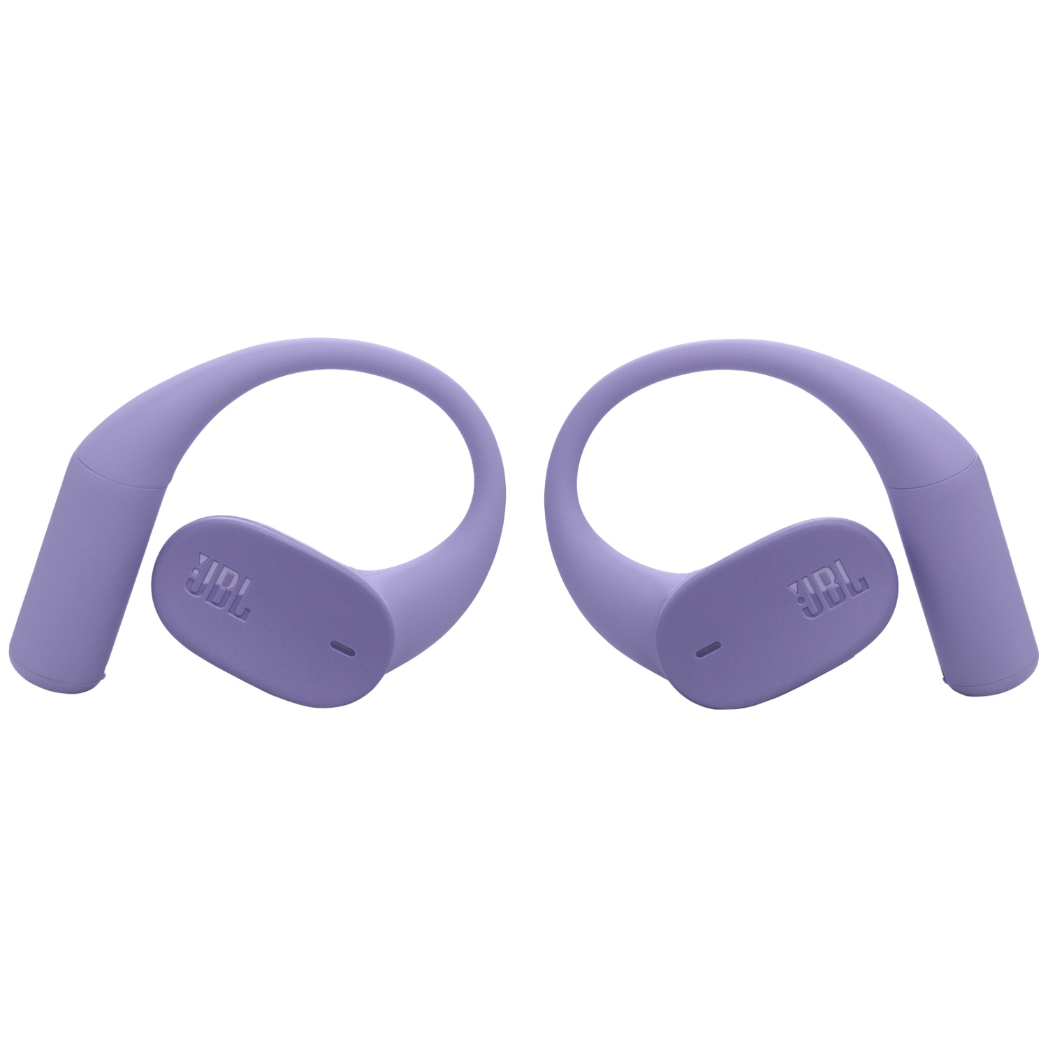 Deux écouteurs sans fil JBL violets. Chaque écouteur a un design incurvé et le logo JBL. Fond blanc.