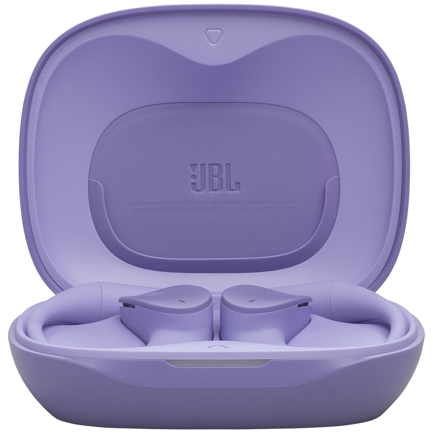 Étui d'écouteurs JBL lilas ouvert avec deux écouteurs à l'intérieur. L'étui est ouvert, montrant l'intérieur avec le logo JBL. Fond blanc.