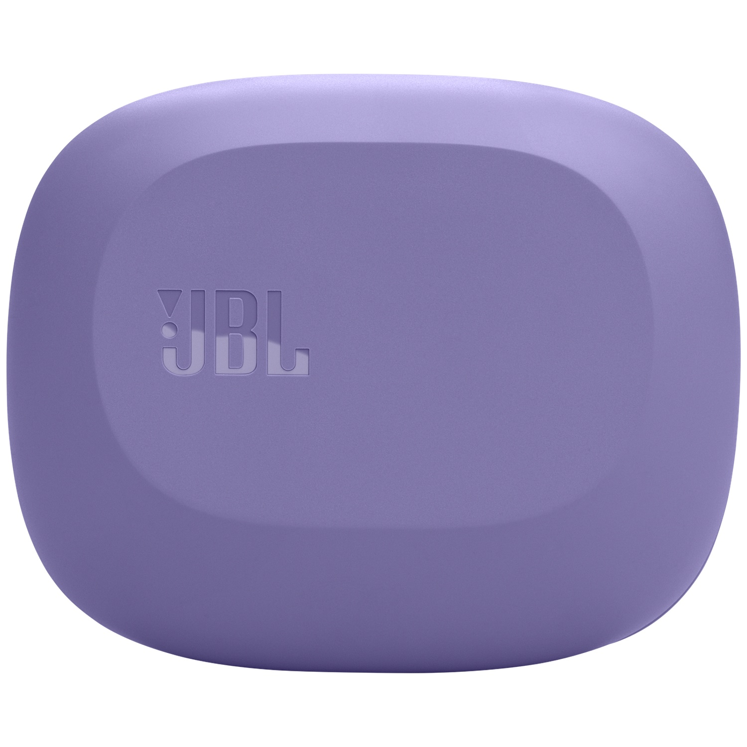 Un étui d'écouteurs JBL violet. L'étui est de forme ovale, avec le logo JBL en relief sur le devant.