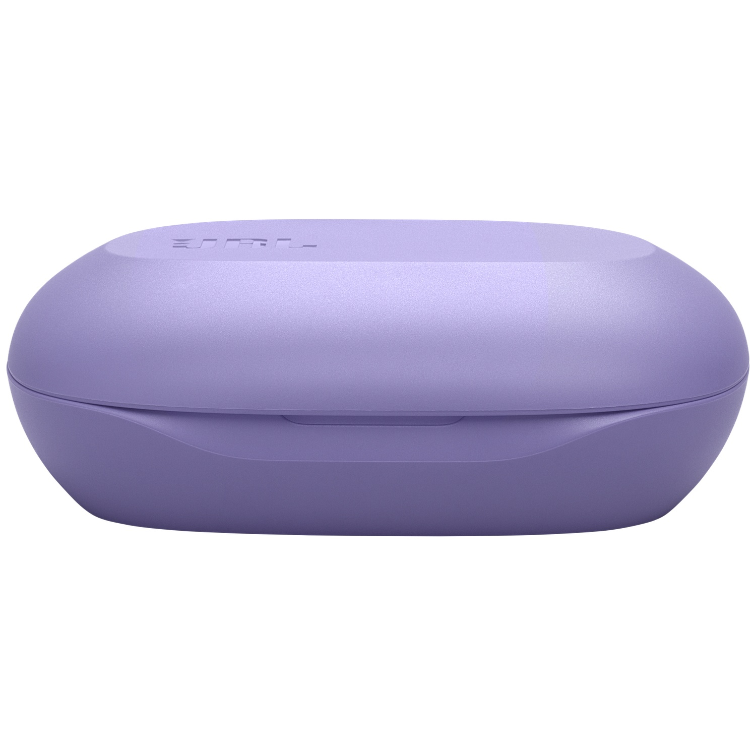 Un étui fermé, ovale et violet avec une texture subtile. Le dessus porte une inscription. Le fond est blanc.