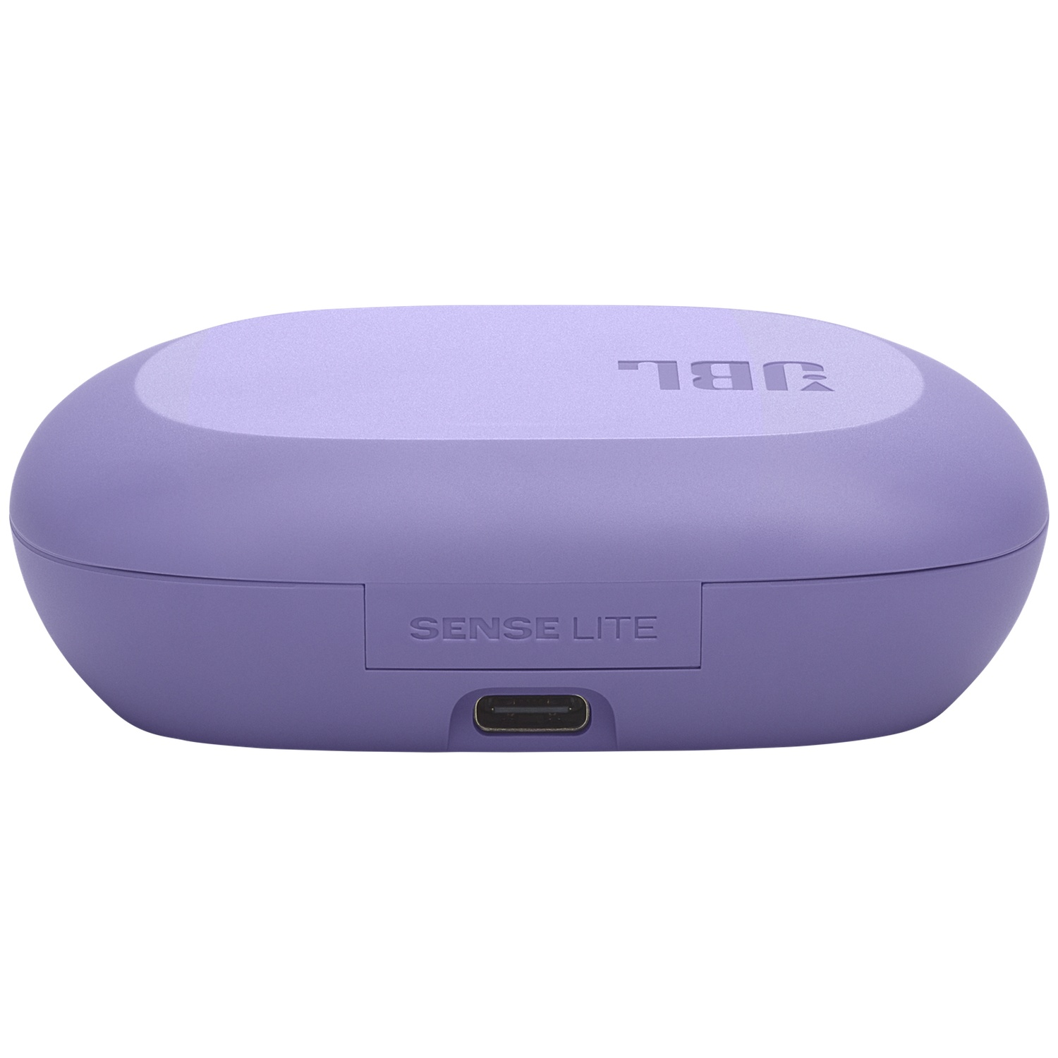 Un étui de chargement JBL Sense Lite lavande. L'étui est fermé. Le logo JBL est visible. Un port de chargement est en bas.