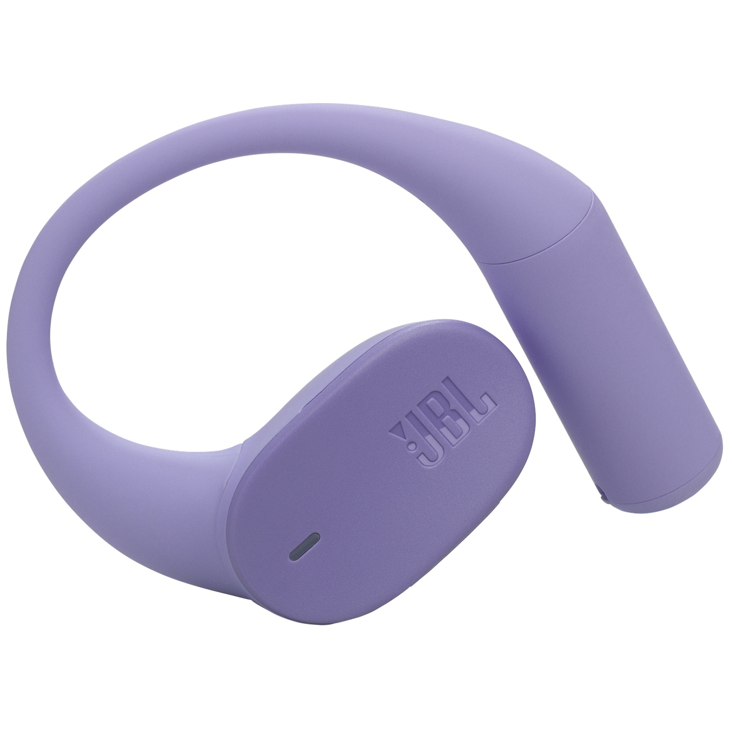 Un casque sans fil JBL violet clair. Il a un design incurvé avec un logo JBL sur le côté. Le fond est blanc.