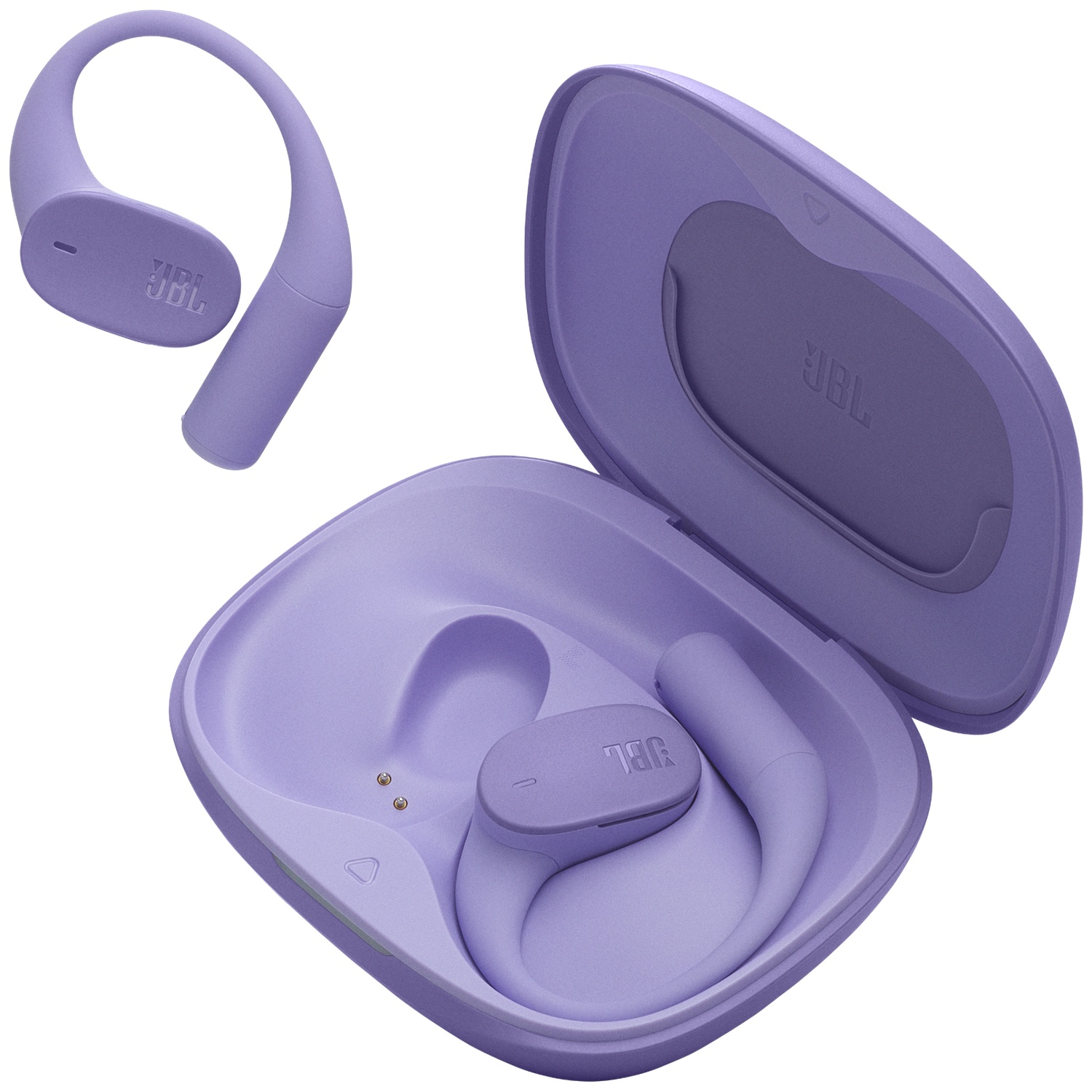 Écouteurs JBL lavande et étui de chargement. Les écouteurs ont une conception à crochet d'oreille, l'étui ouvert montre les écouteurs et l'intérieur.