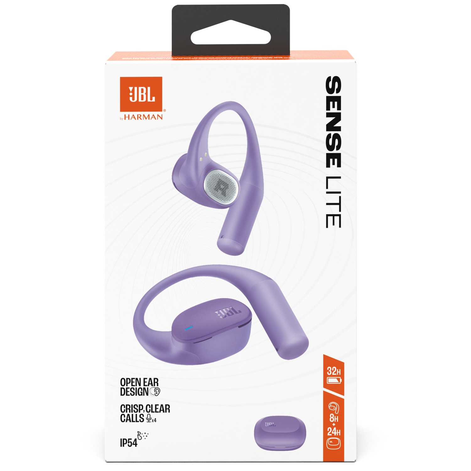 Une boîte avec des écouteurs JBL Sense Lite violets. Caractéristiques : conception ouverte, appels clairs et indice IP54. Batterie : 32 h/8 h+24 h.