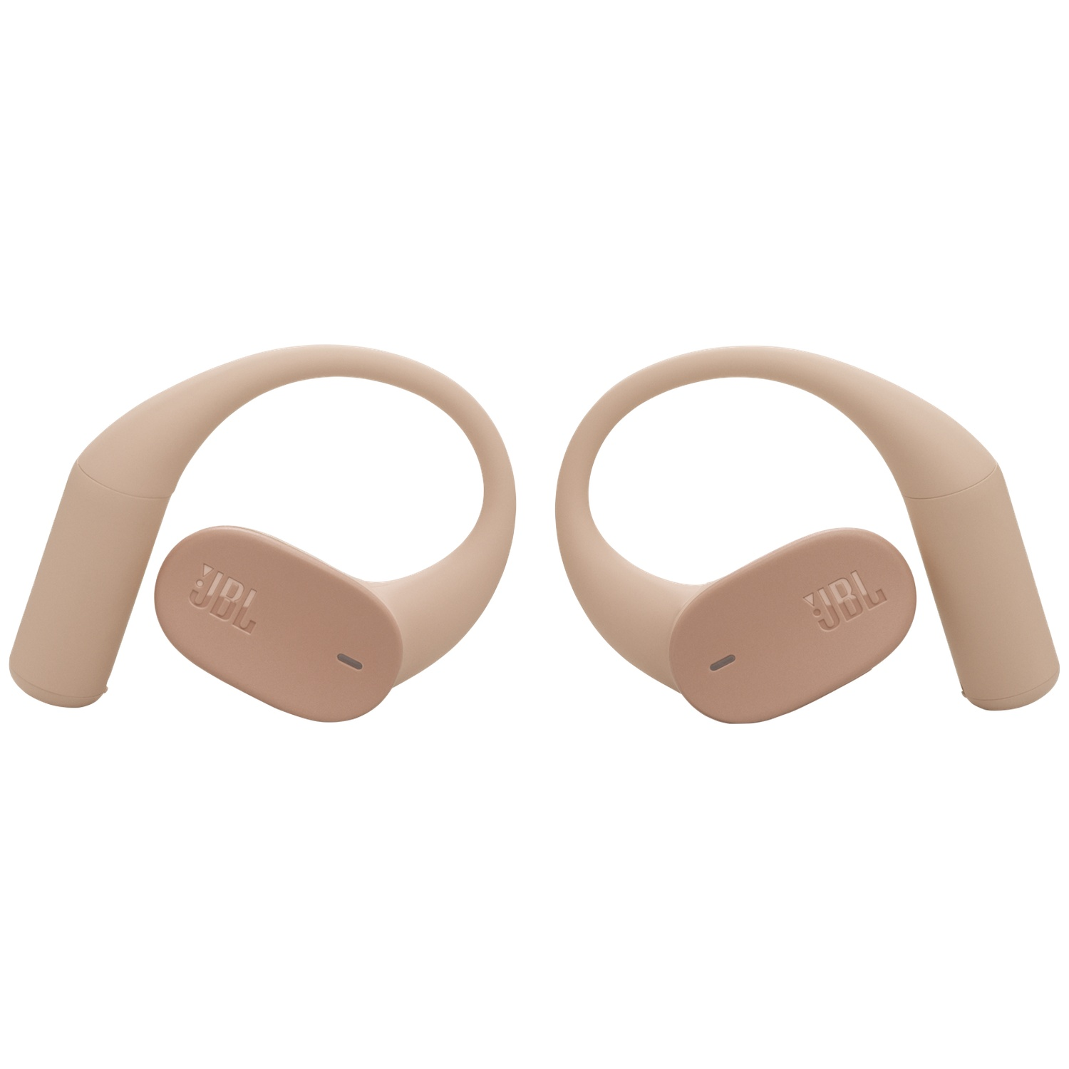 Deux écouteurs sans fil JBL beiges avec crochets d'oreille sont affichés sur fond blanc. Chacun a un logo.