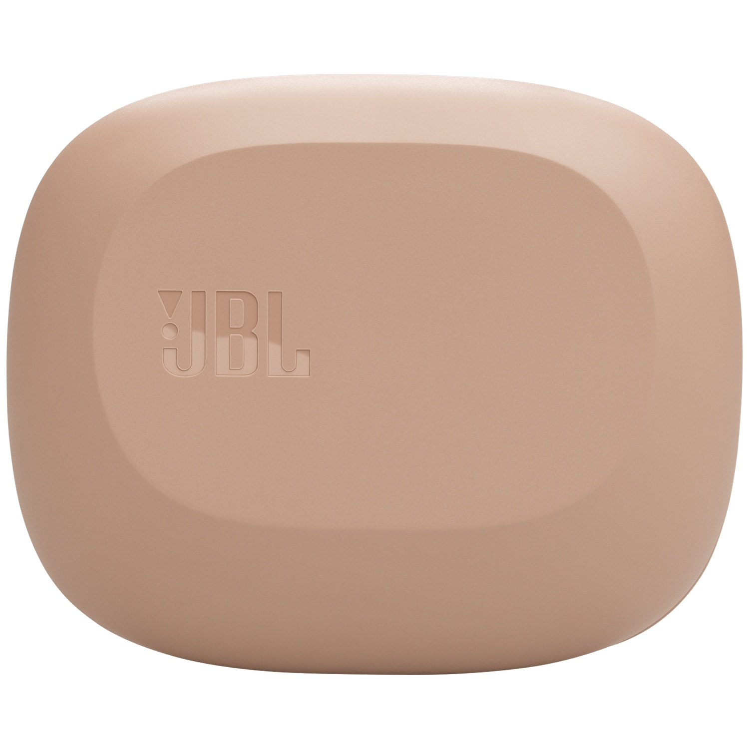 Un étui beige, rectangulaire arrondi avec le logo JBL en relief sur le devant. L'étui a des bords lisses et incurvés.