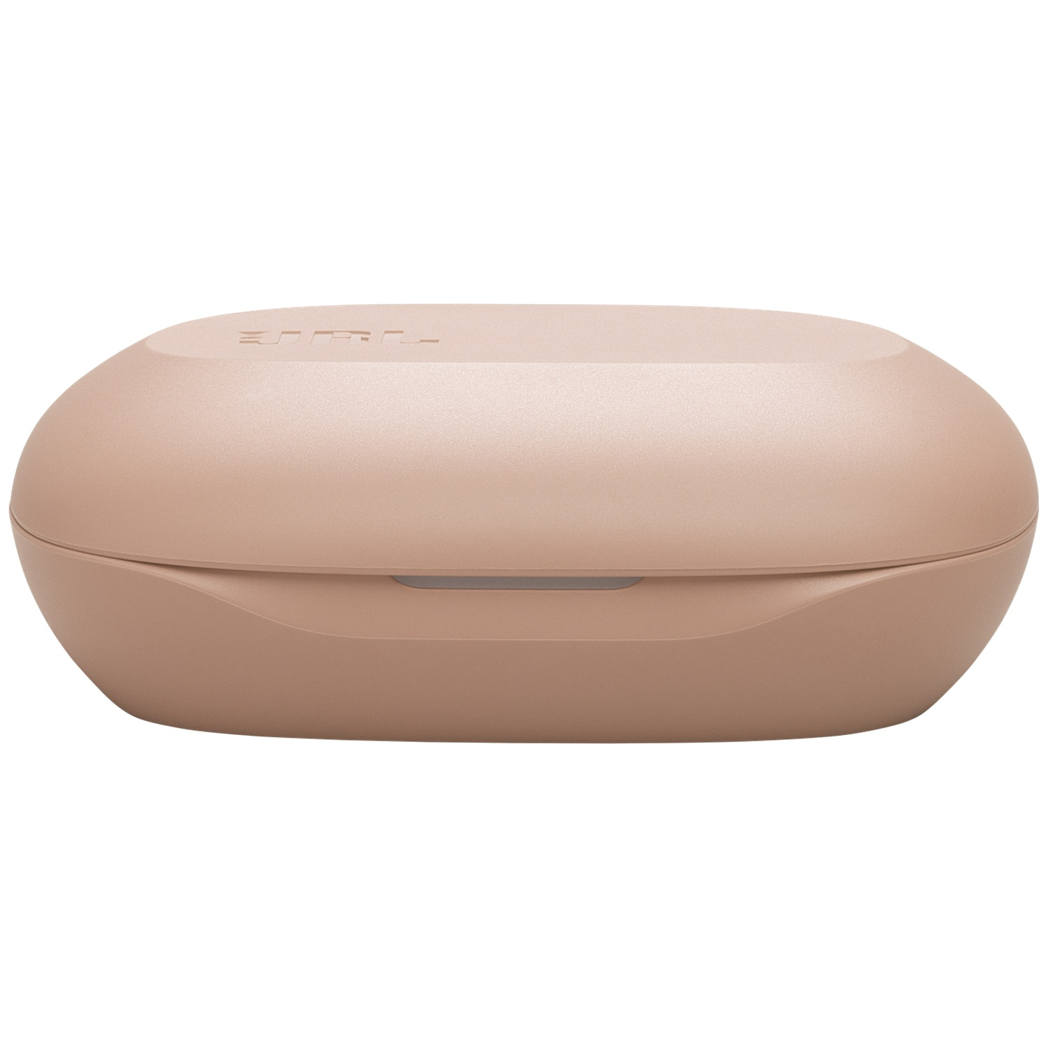 Un étui d'écouteurs beige, fermé et de forme ovale, est centré sur un fond blanc. L'étui est lisse avec une texture subtile.