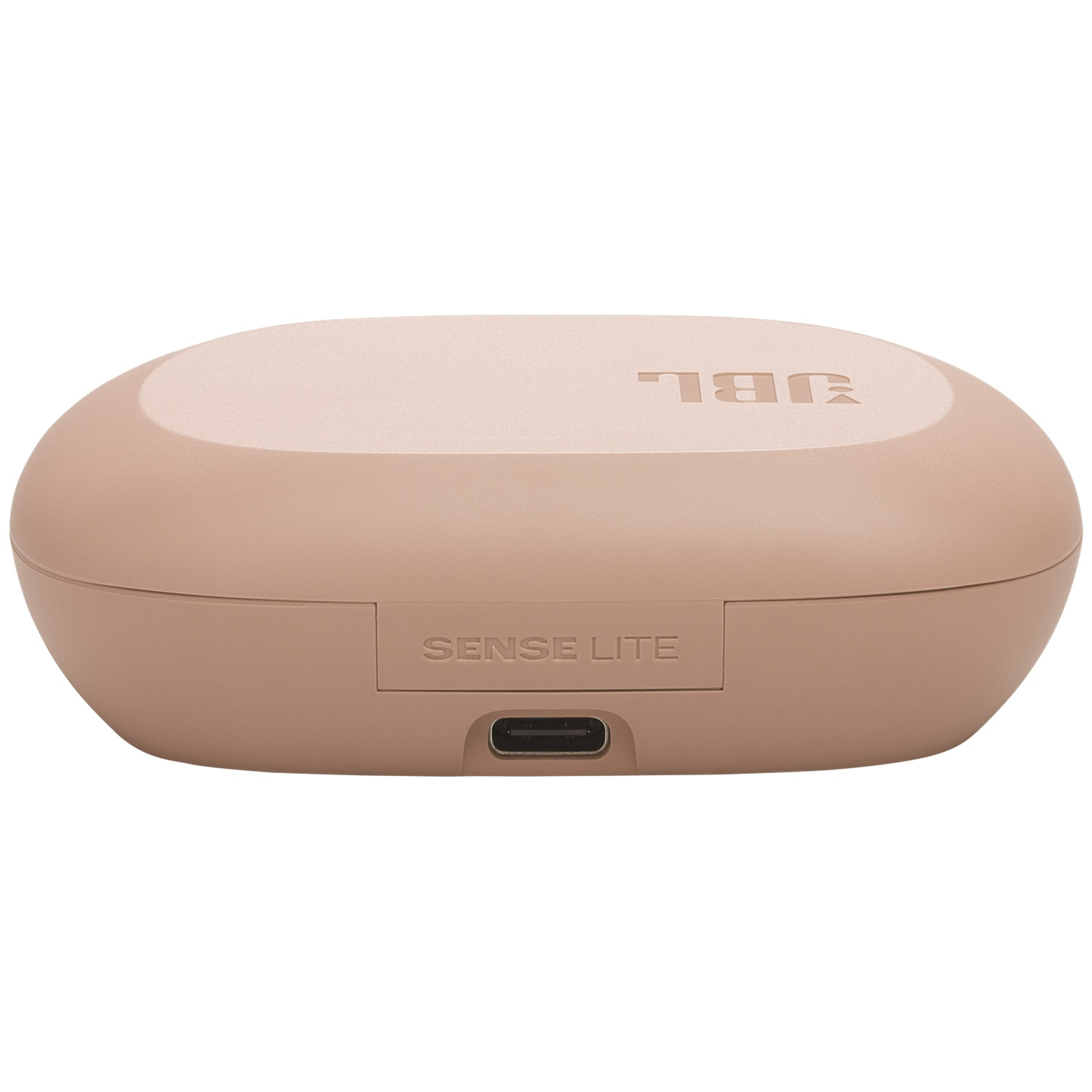 Un étui d'écouteurs JBL Sense Lite beige. Il porte le logo JBL et les mots 'SENSE LITE'. Un port USB-C est visible en bas.
