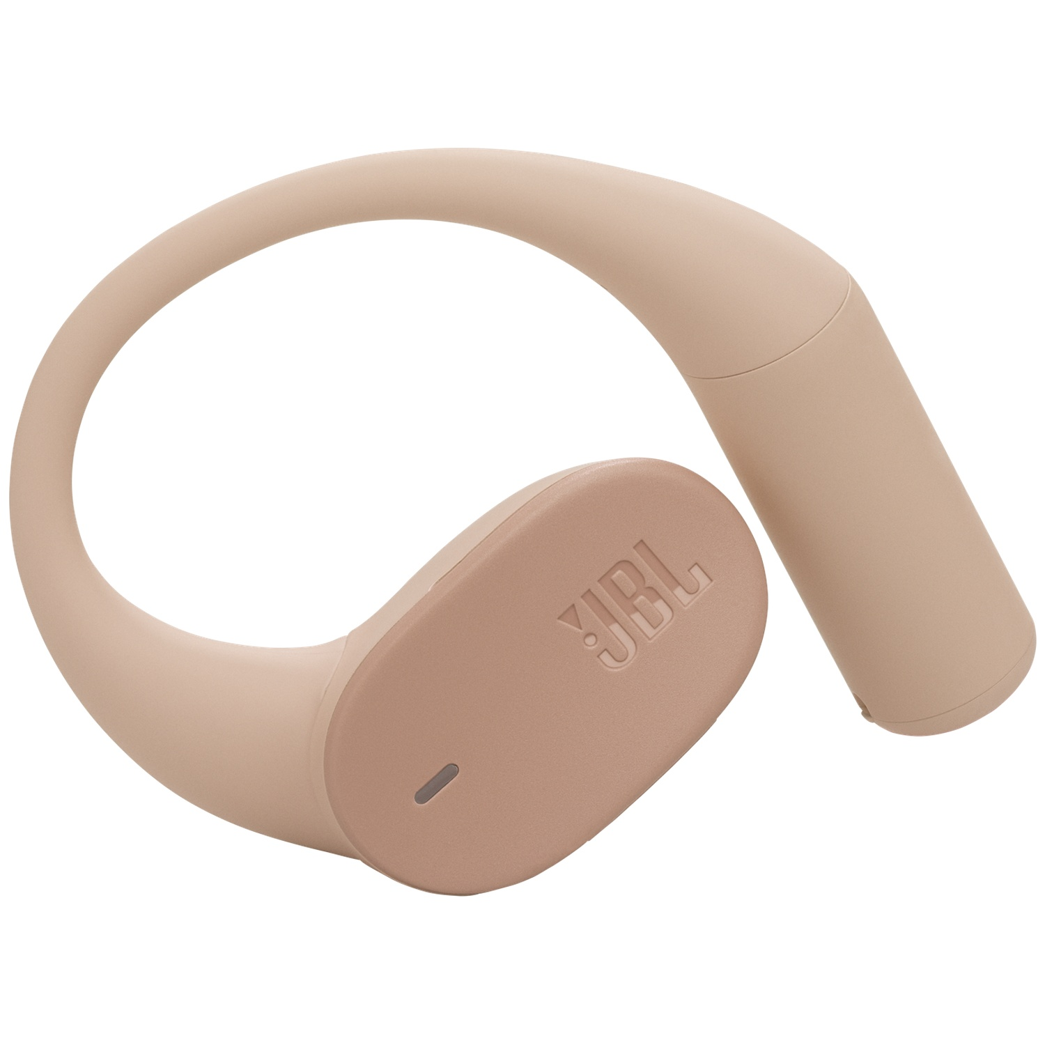 Casque sans fil JBL beige. La conception présente un crochet auriculaire incurvé et un écouteur arrondi avec le logo JBL.
