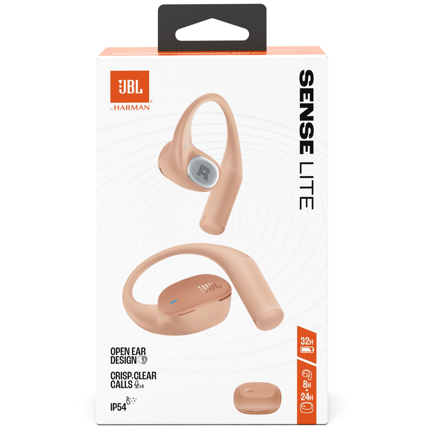 Boîte d'écouteurs JBL Sense Lite. Écouteurs pêche affichés. Texte : 'OPEN EAR DESIGN', 'CRISP, CLEAR CALLS' et 'IP54'.