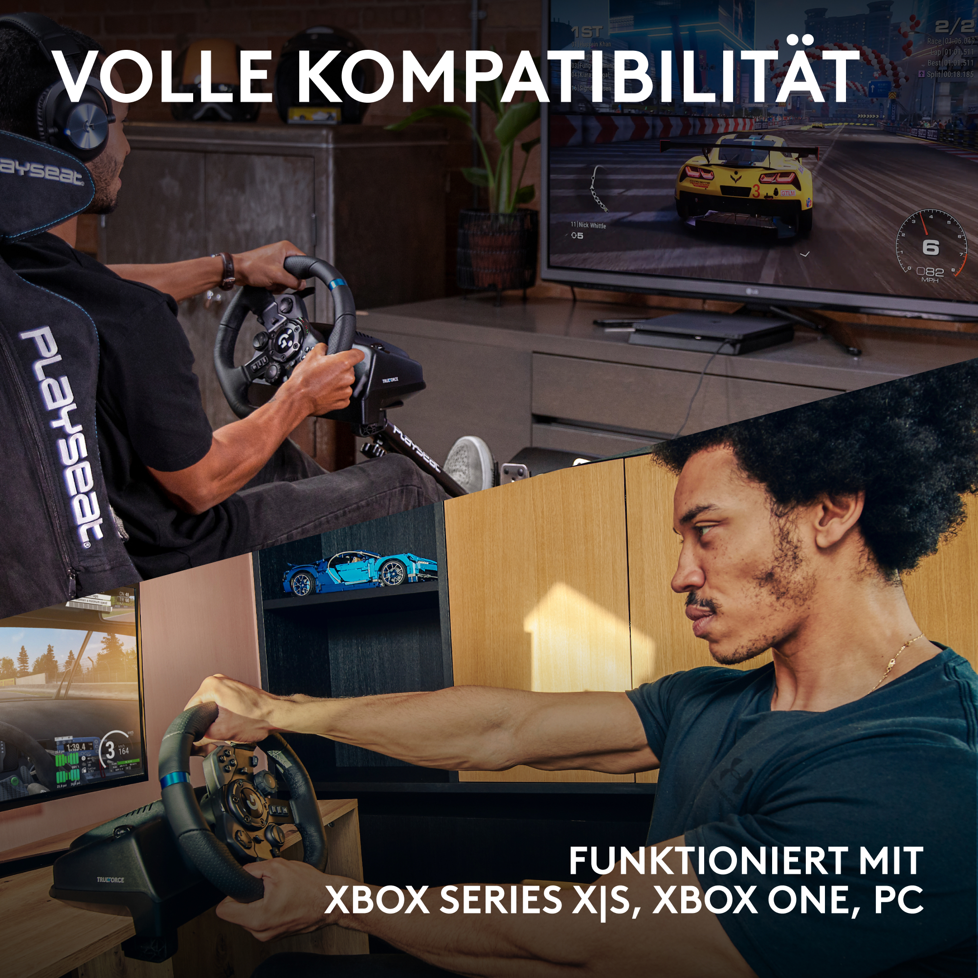Zwei Männer benutzen Rennlenkräder mit einem Spiel auf einem Fernseher. Der Text sagt 'VOLLE KOMPATIBILITÄT'.