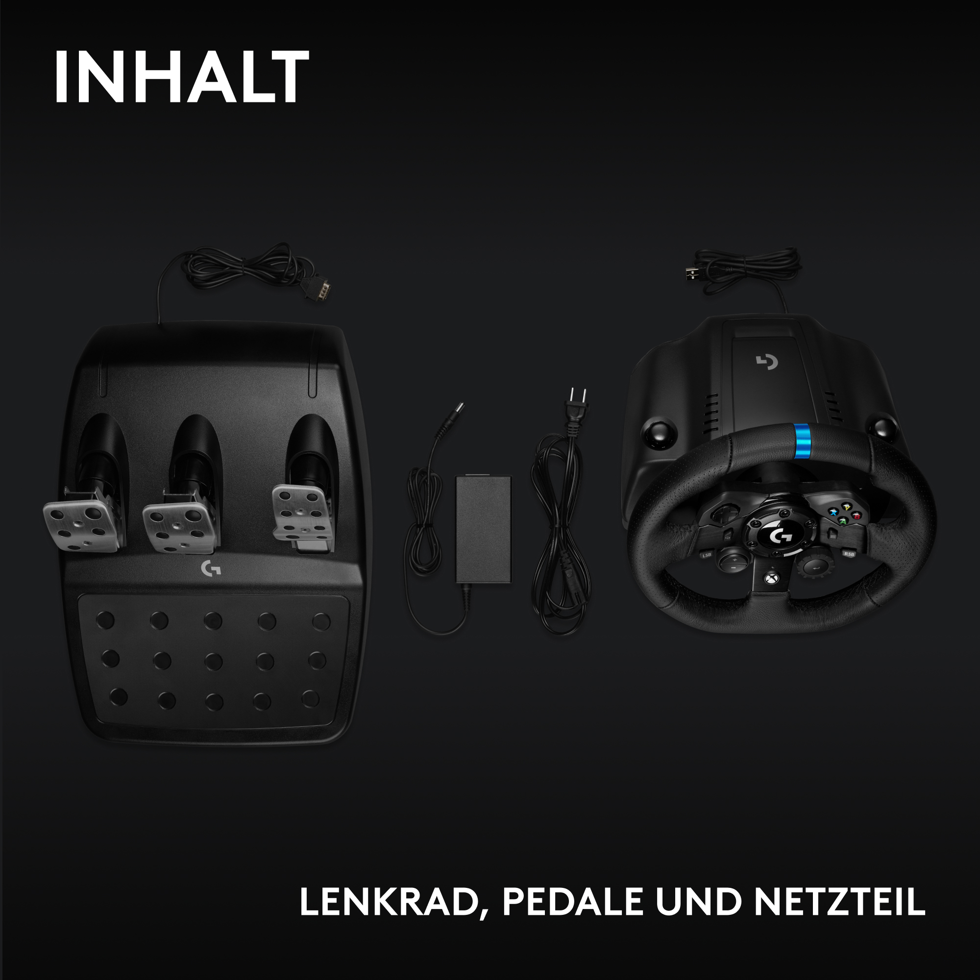 Gaming-Lenkrad, Pedale und Netzteil auf schwarzem Hintergrund. Enthält ein Lenkrad, Pedale und einen Netzadapter.