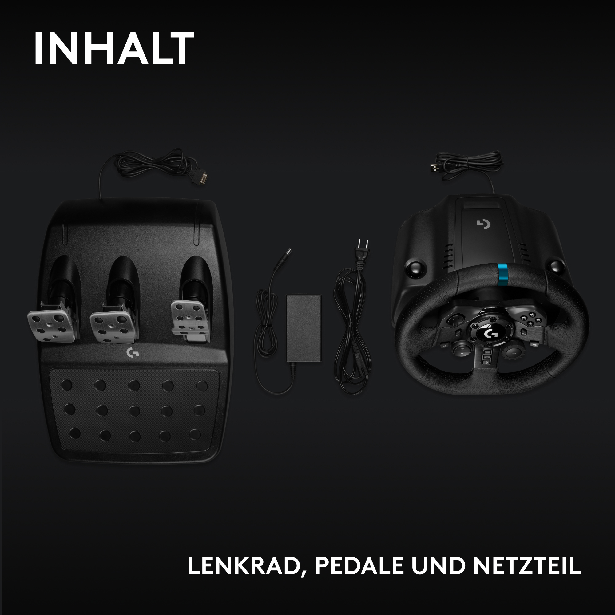 Gaming-Lenkrad, Pedale und Netzteil auf schwarzem Hintergrund. Lenkrad und Pedale sind schwarz.