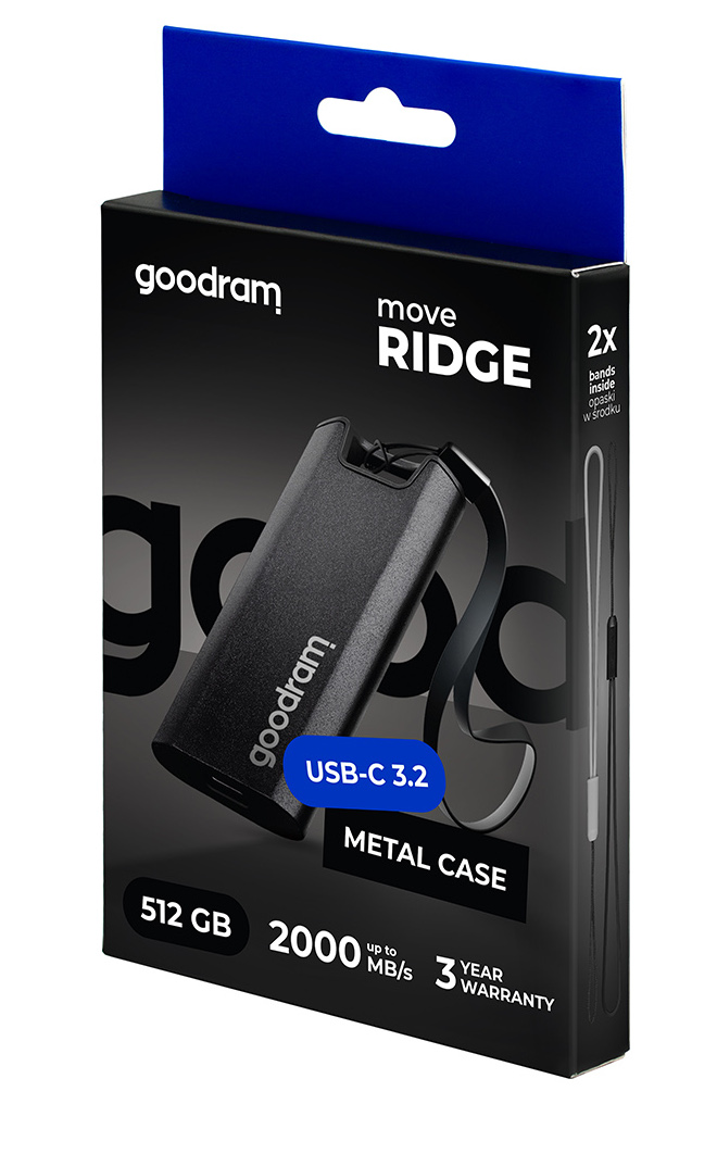 Czarne pudełko Goodram Move Ridge USB-C 3.2. Ma metalową obudowę, 512 GB, 2000 MB/s i 3 lata gwarancji.
