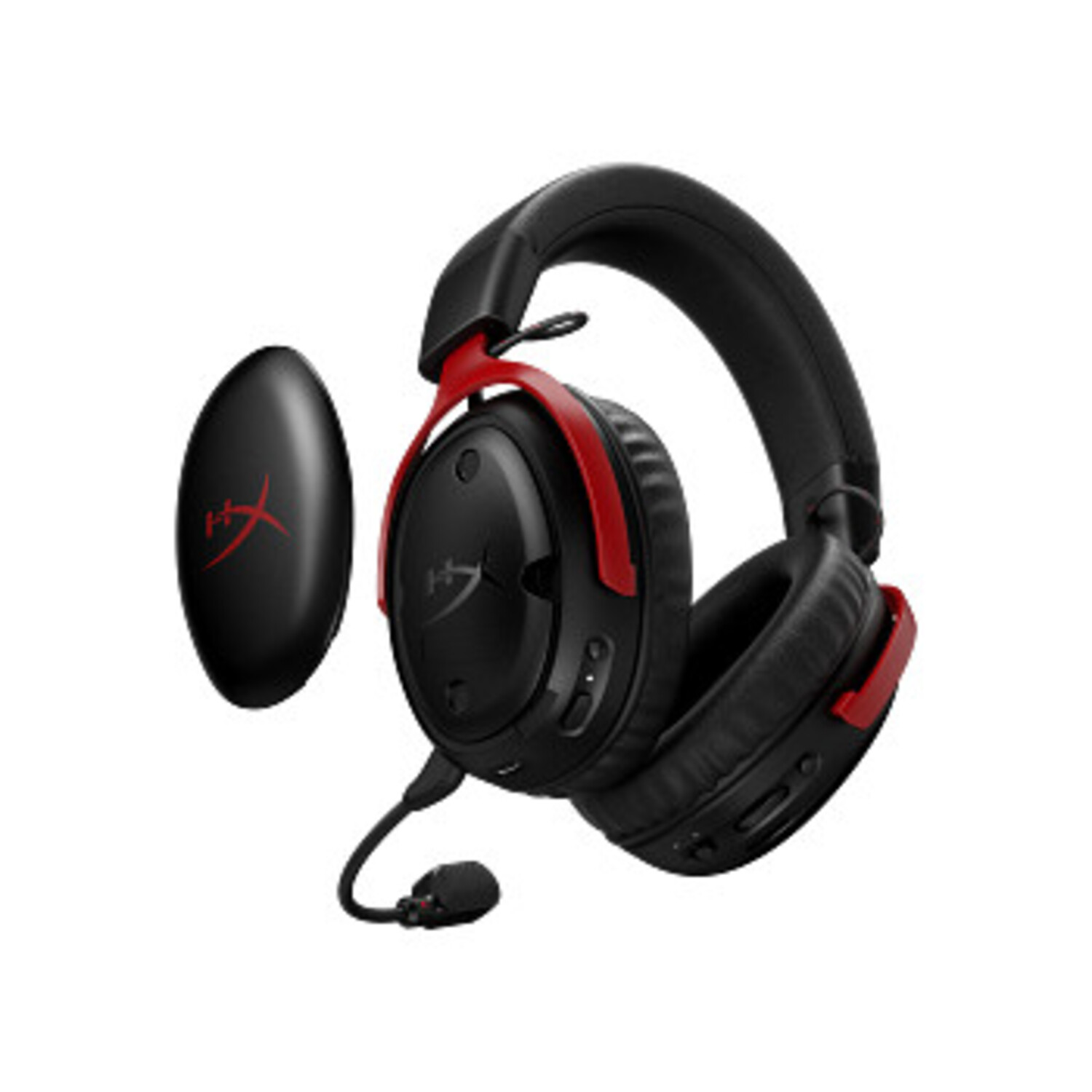 Auriculares para juegos negros y rojos con micrófono y un dongle negro separado. El logotipo de HyperX es visible en ambos elementos.