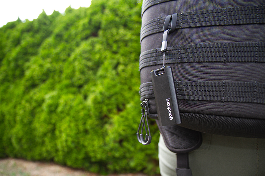 Czarny pendrive Goodram wisi na czarnym plecaku. Zielony żywopłot w rozmytym tle. Scena jest na zewnątrz, słoneczna.