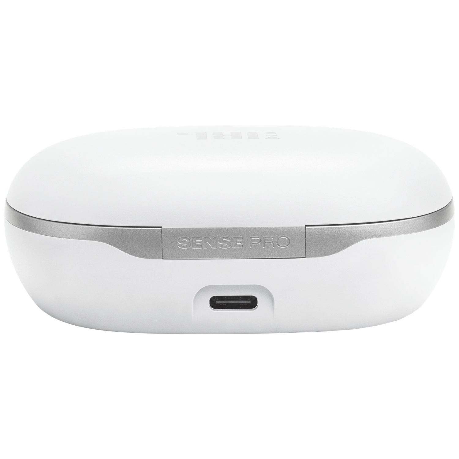 Un étui blanc pour écouteurs JBL Sense Pro avec un accent argenté. Il possède un port de chargement et les mots 'SENSE PRO' sont visibles.
