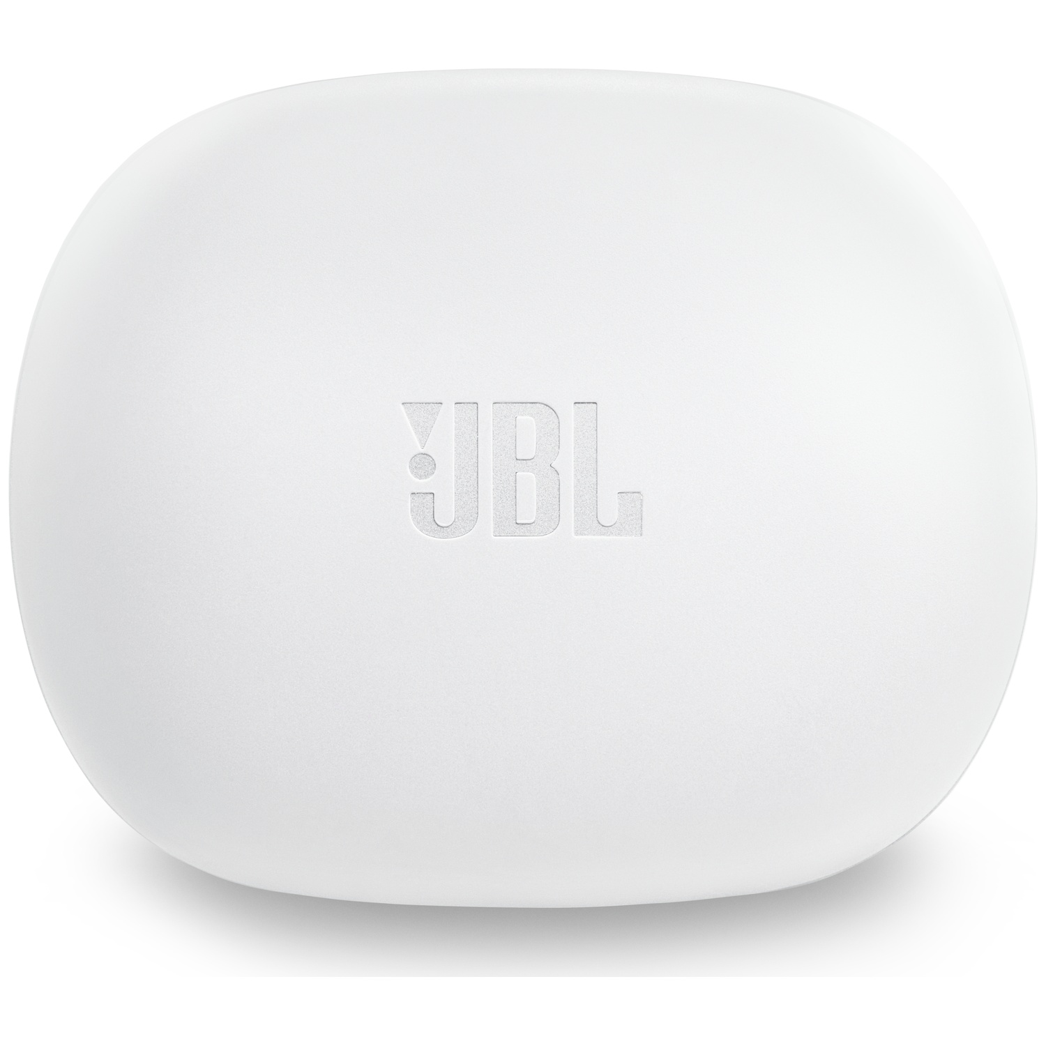 Un étui blanc pour écouteurs JBL. L'étui est de forme ovale et porte le logo JBL en relief sur le devant.