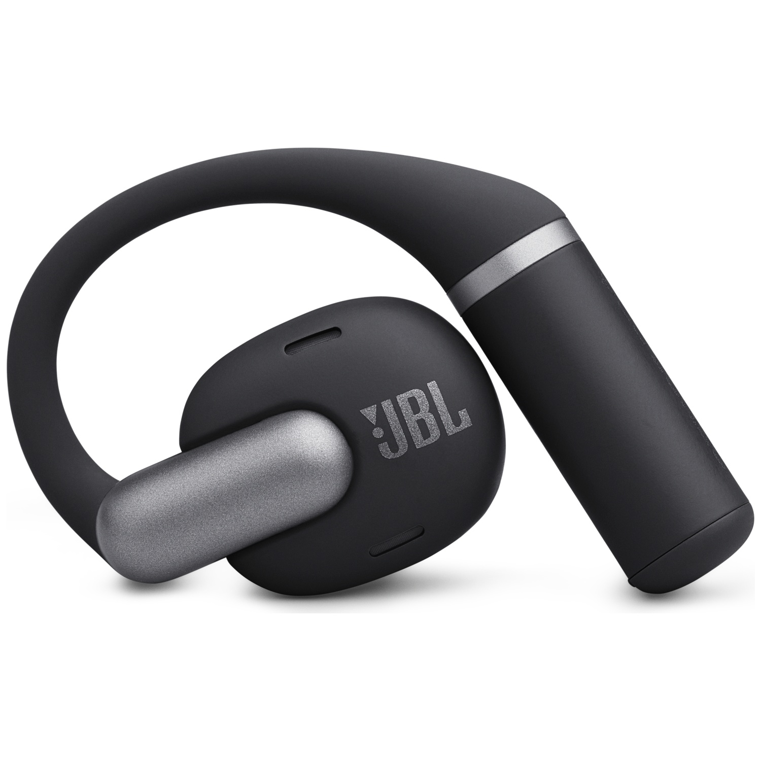 Écouteur JBL noir avec des accents argentés, crochet auriculaire et logo JBL visible sur l'écouteur.