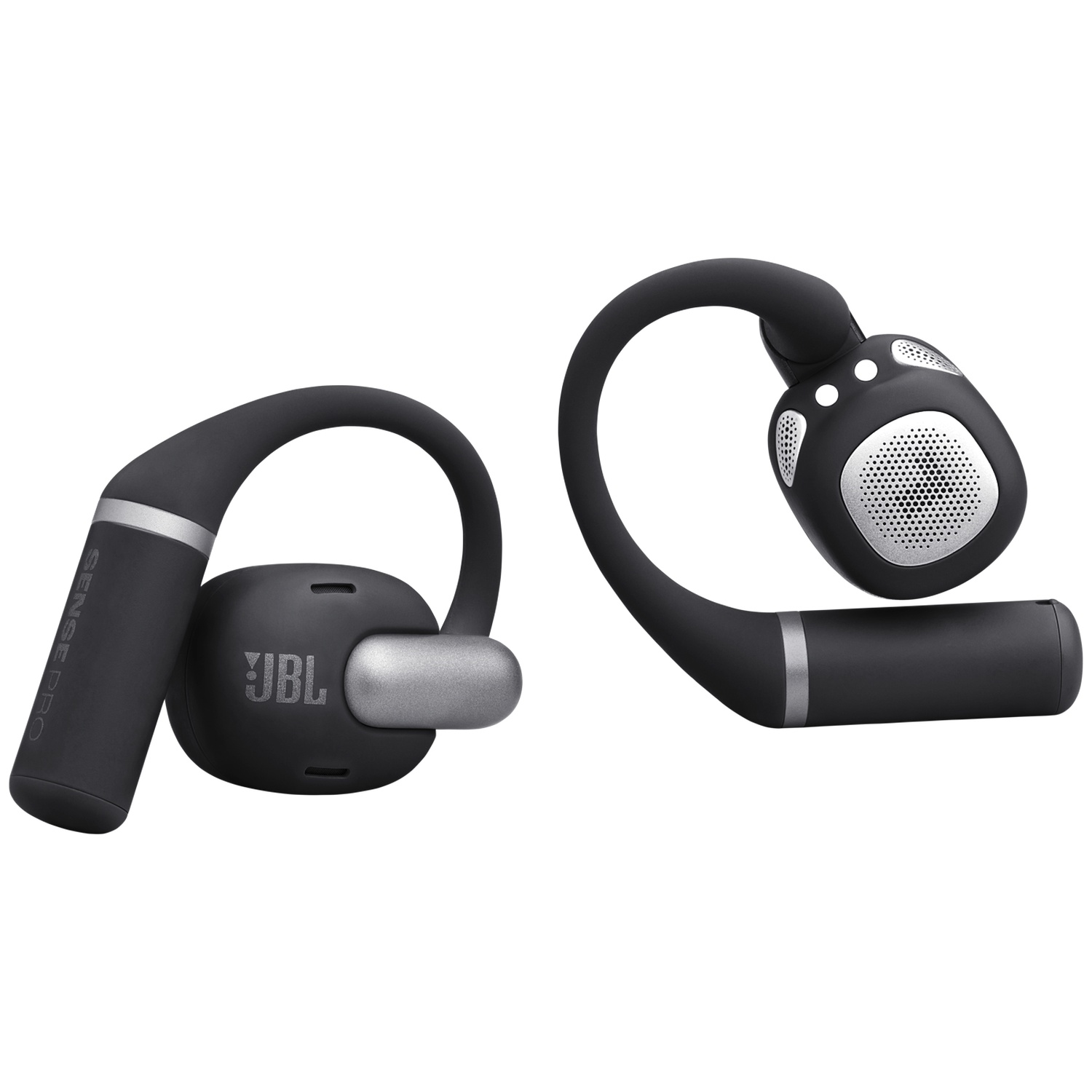 Deux écouteurs JBL Sense Pro noirs. Chacun a un design courbé, des accents argentés et le logo JBL. Le fond est blanc uni.