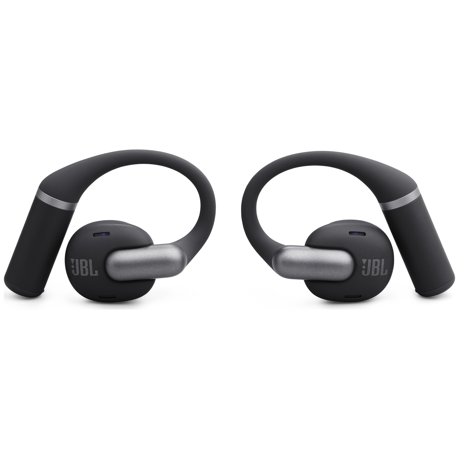 Deux écouteurs sans fil JBL noirs. Chacun a une section grise et une pièce incurvée sur l'oreille. Le fond est blanc.