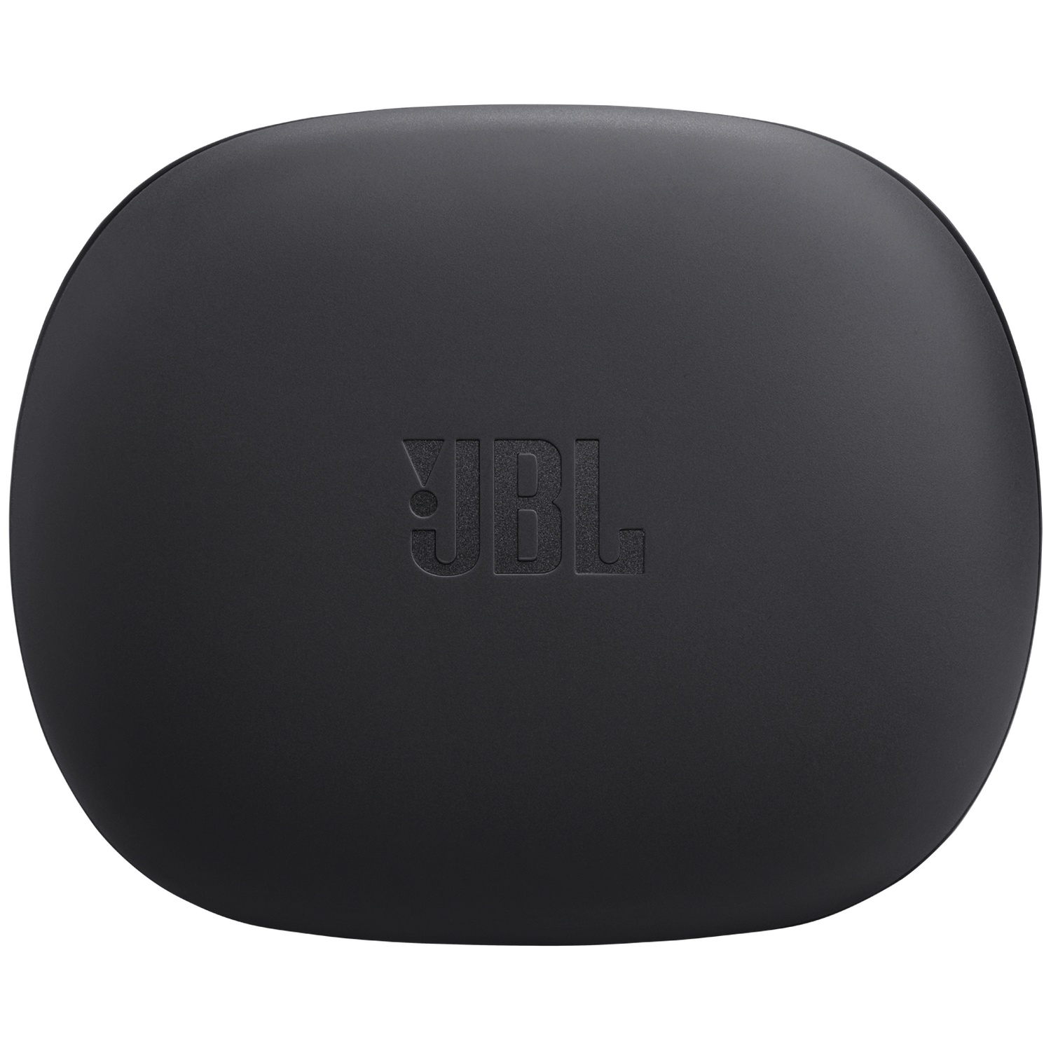 Un étui JBL noir de forme ovale. Le logo JBL est en relief sur le devant. L'étui est fermé.