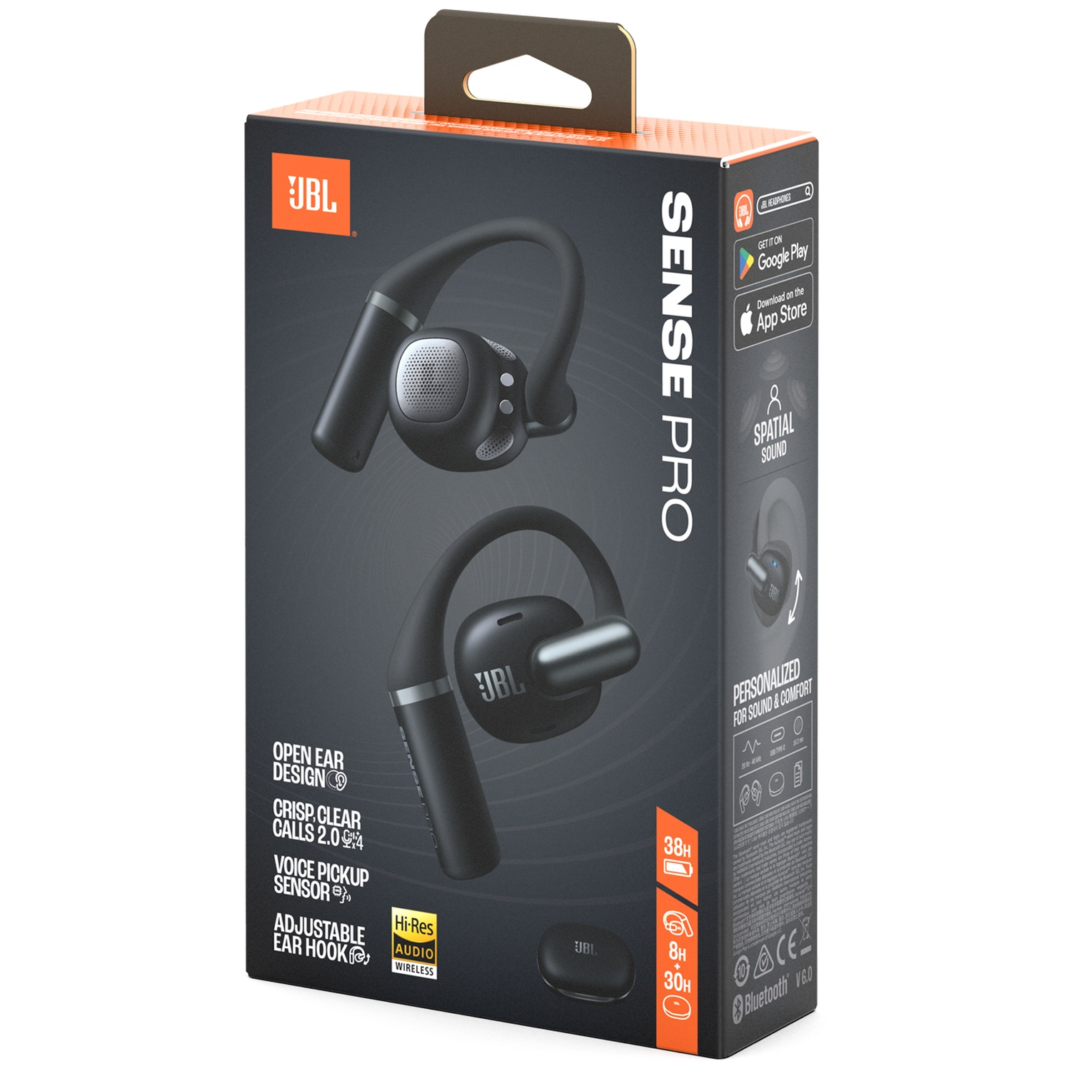 Une boîte d'écouteurs JBL Sense Pro. Les écouteurs noirs sont affichés sur la boîte. Le texte comprend 'Open Ear Design' et 'Bluetooth'.