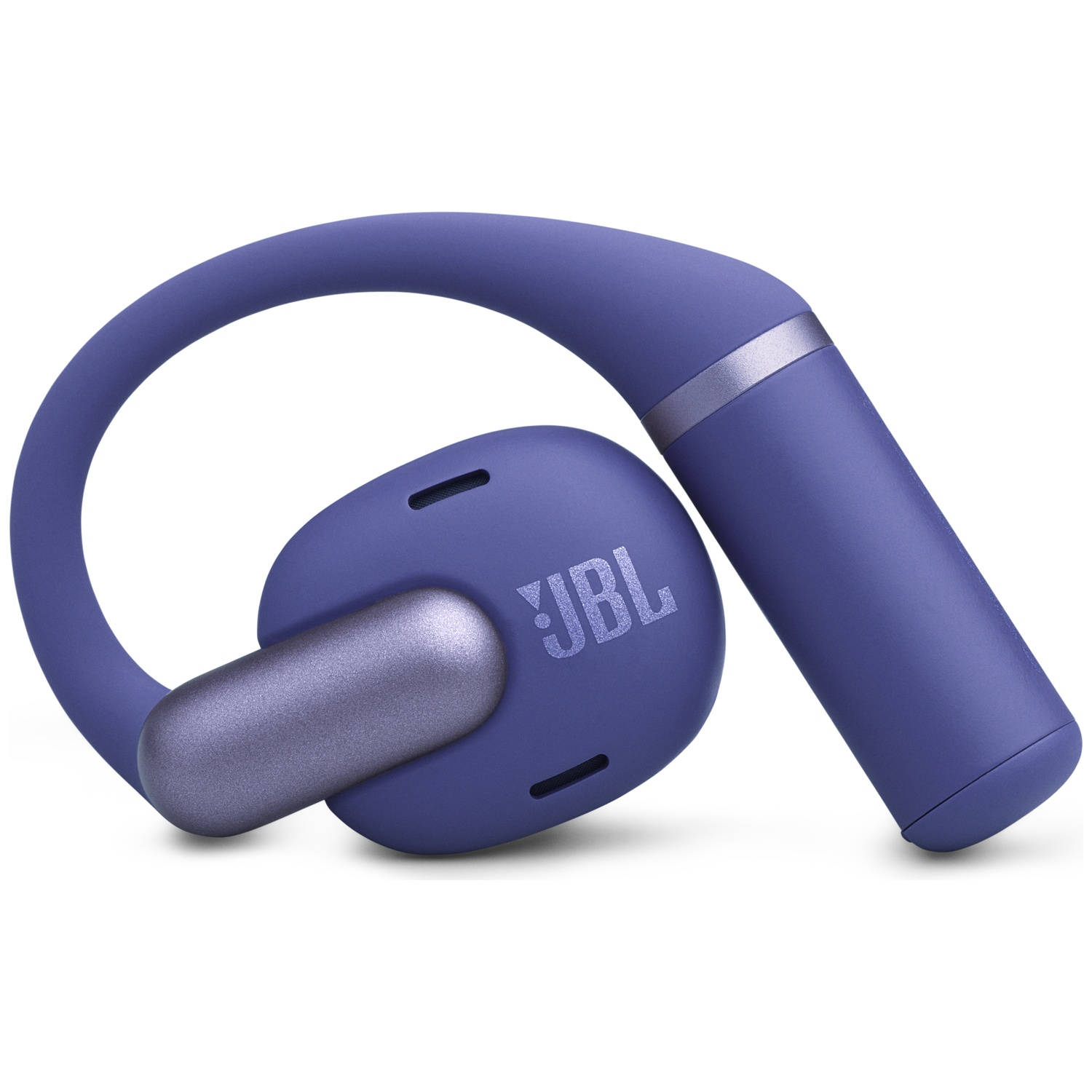 Un écouteur JBL violet avec un crochet d'oreille incurvé. L'écouteur a un accent argenté et le logo JBL. Le fond est blanc.