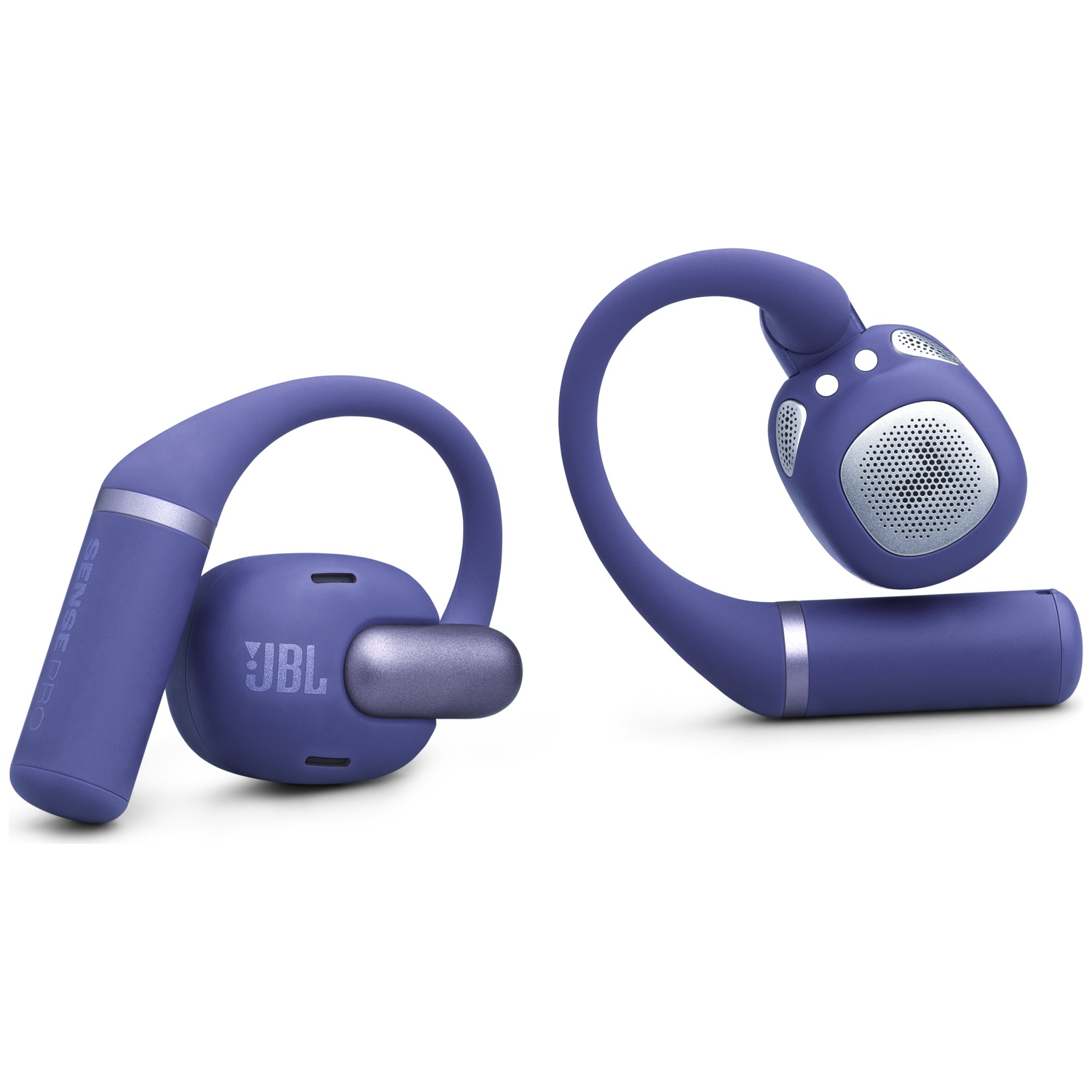Deux écouteurs JBL violets. Chacun a un design incurvé, l'un avec le logo JBL. Accents argentés et maillage de haut-parleur présents.