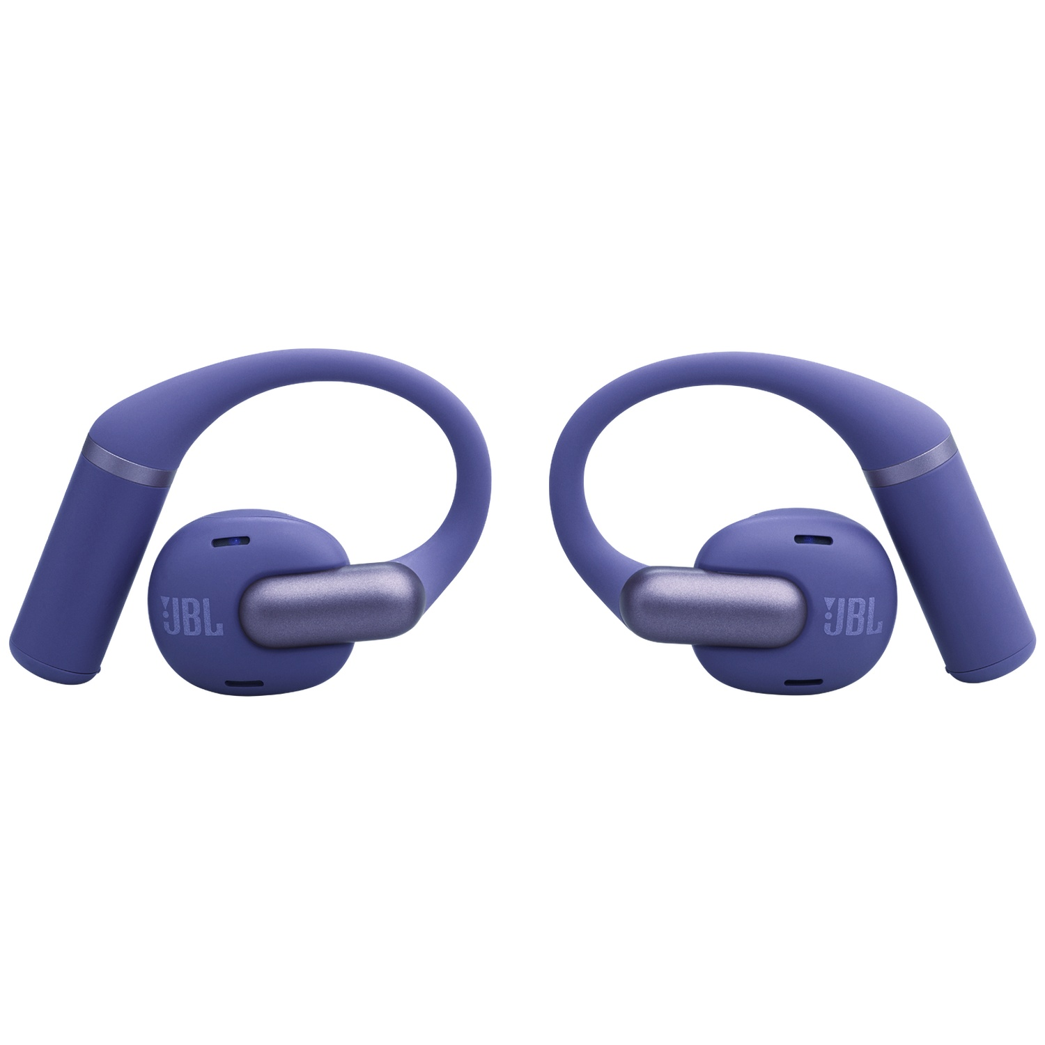 Deux écouteurs sans fil JBL violets. Chacun a un crochet pour l'oreille et le logo JBL. Des accents gris sur les écouteurs.