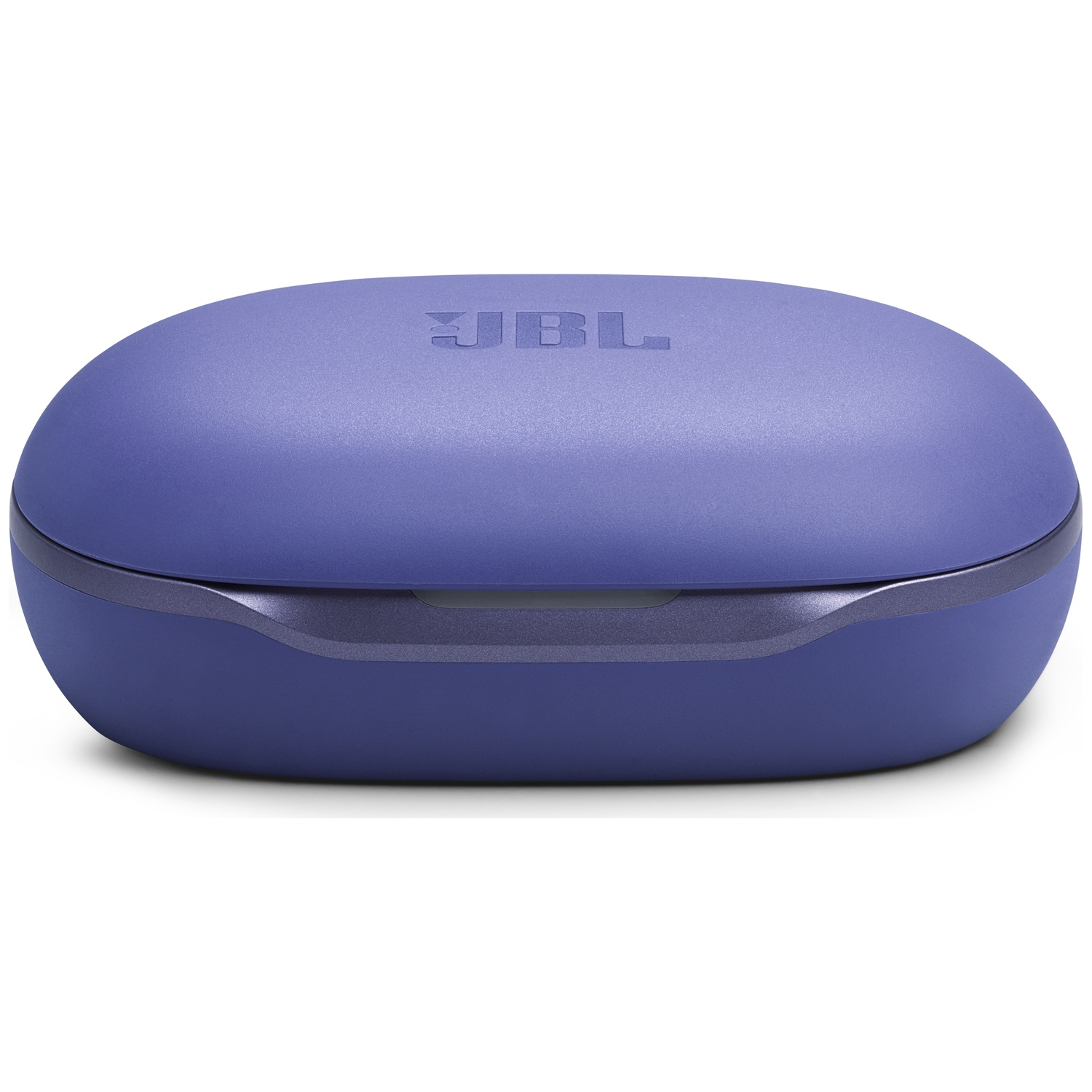 Un étui d'écouteurs JBL violet sur fond blanc. L'étui est de forme ovale avec le nom de la marque en relief sur le dessus.