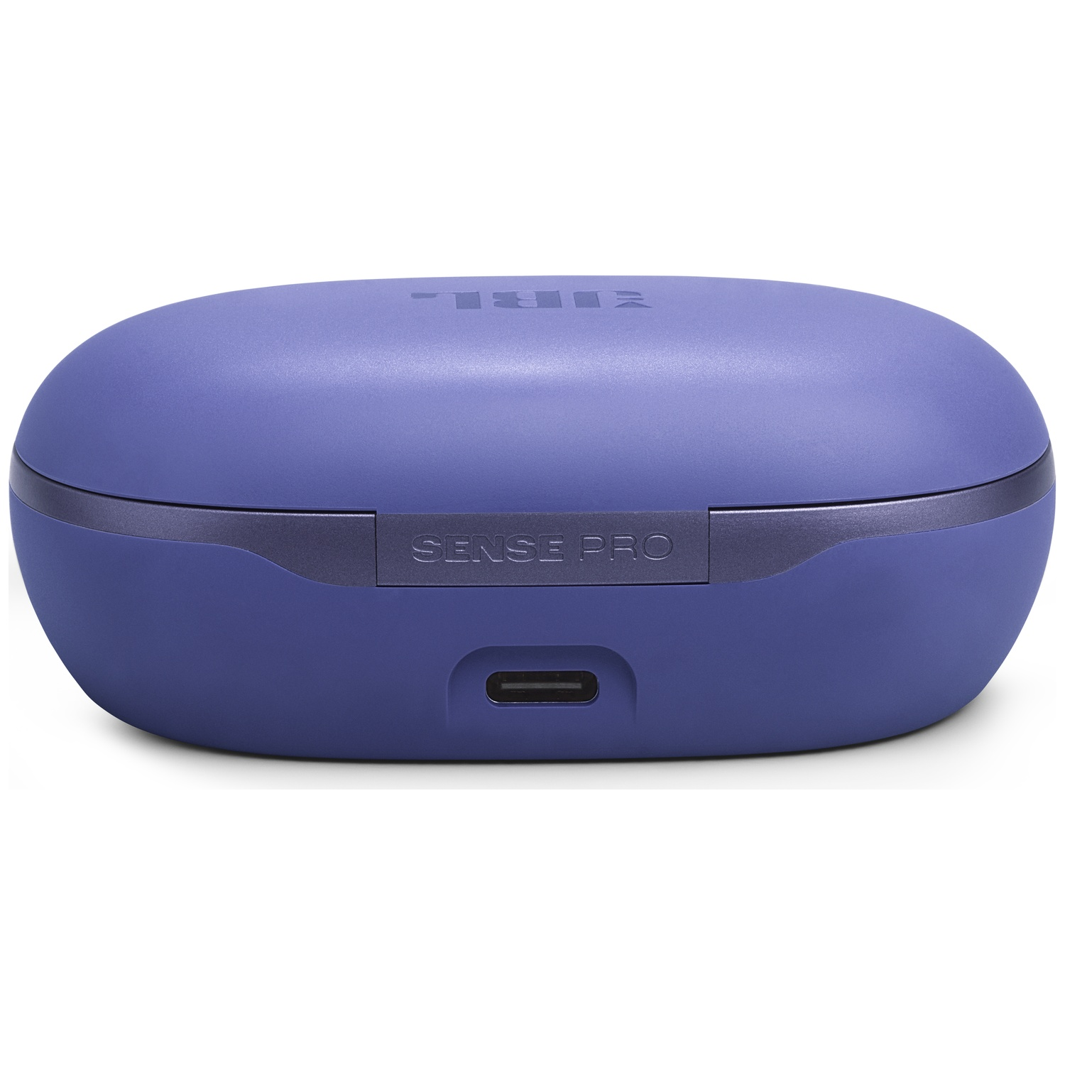 Un étui JBL Sense Pro violet, ovale et fermé. Il a une bande gris foncé autour du milieu avec 'SENSE PRO' et un port de chargement.