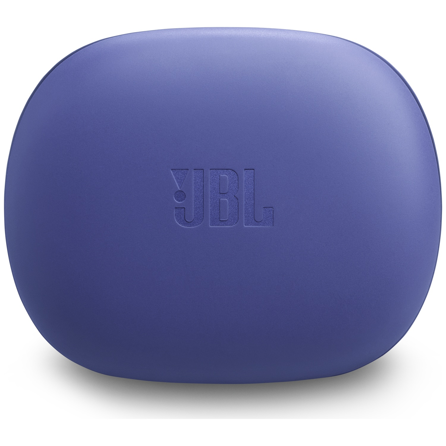 Un étui d'écouteurs JBL bleu. L'étui est ovale, avec le nom de la marque en relief au centre.