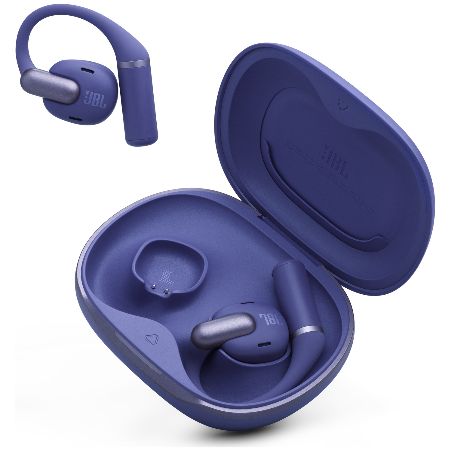 Écouteurs JBL violets dans un étui de chargement. Un écouteur est séparé. L'étui est ouvert, montrant le placement des écouteurs et le logo JBL.