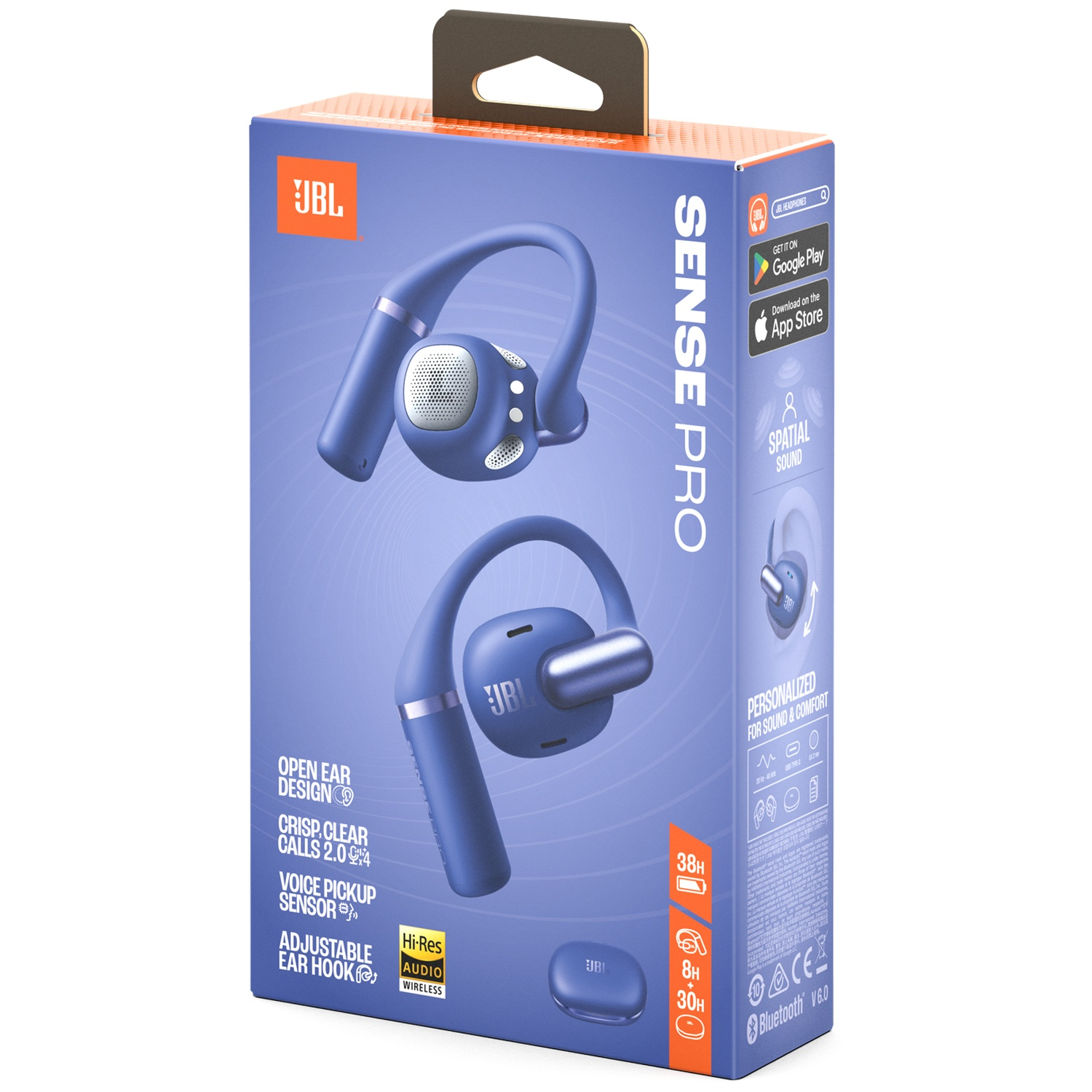 Boîte avec écouteurs JBL Sense Pro bleus. Caractéristiques : design ouvert, capteur de captation vocale, crochet d'oreille réglable.