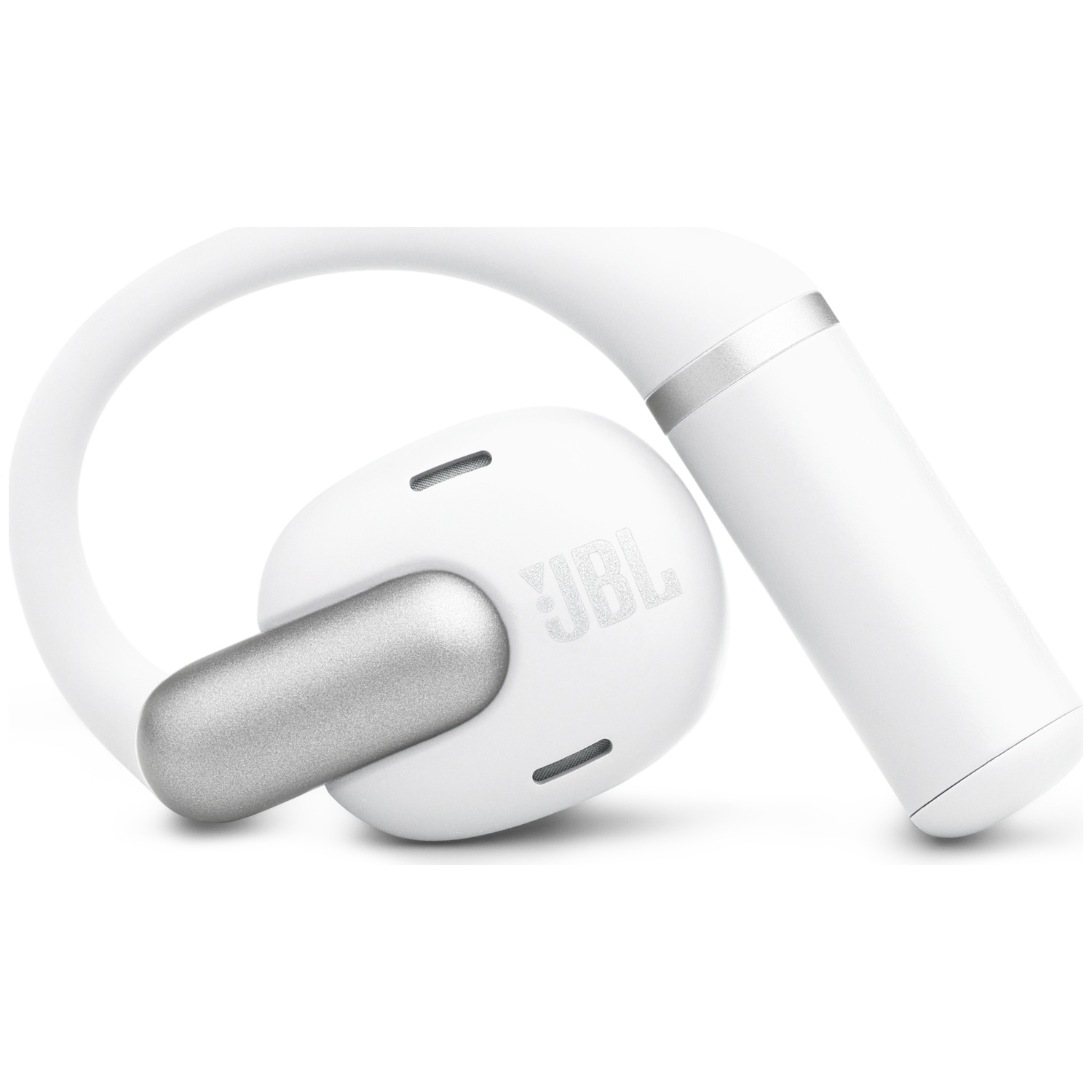 Écouteurs sans fil JBL blancs avec des accents argentés. L'écouteur a un bras incurvé pour un ajustement sur l'oreille. Le logo JBL est visible.