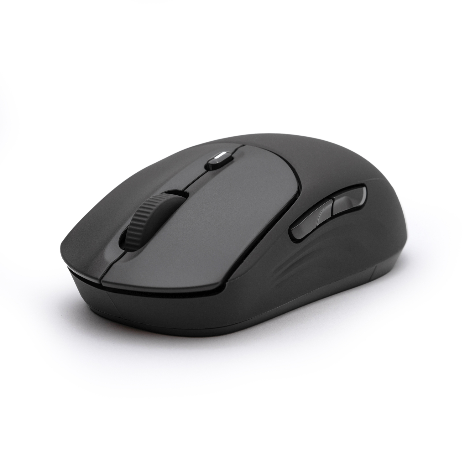 Un ratón inalámbrico negro sobre una superficie blanca. Tiene rueda de desplazamiento, botones y un diseño curvo ergonómico.