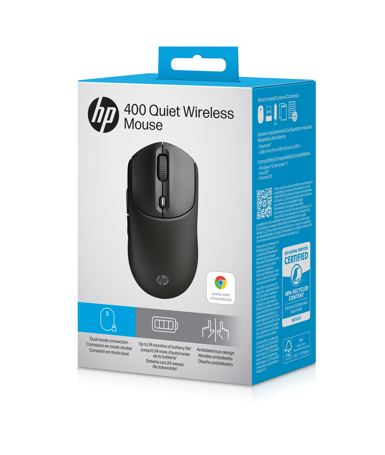 Una caja negra del ratón inalámbrico silencioso HP 400. Muestra el ratón y sus características. La caja es blanca y azul.