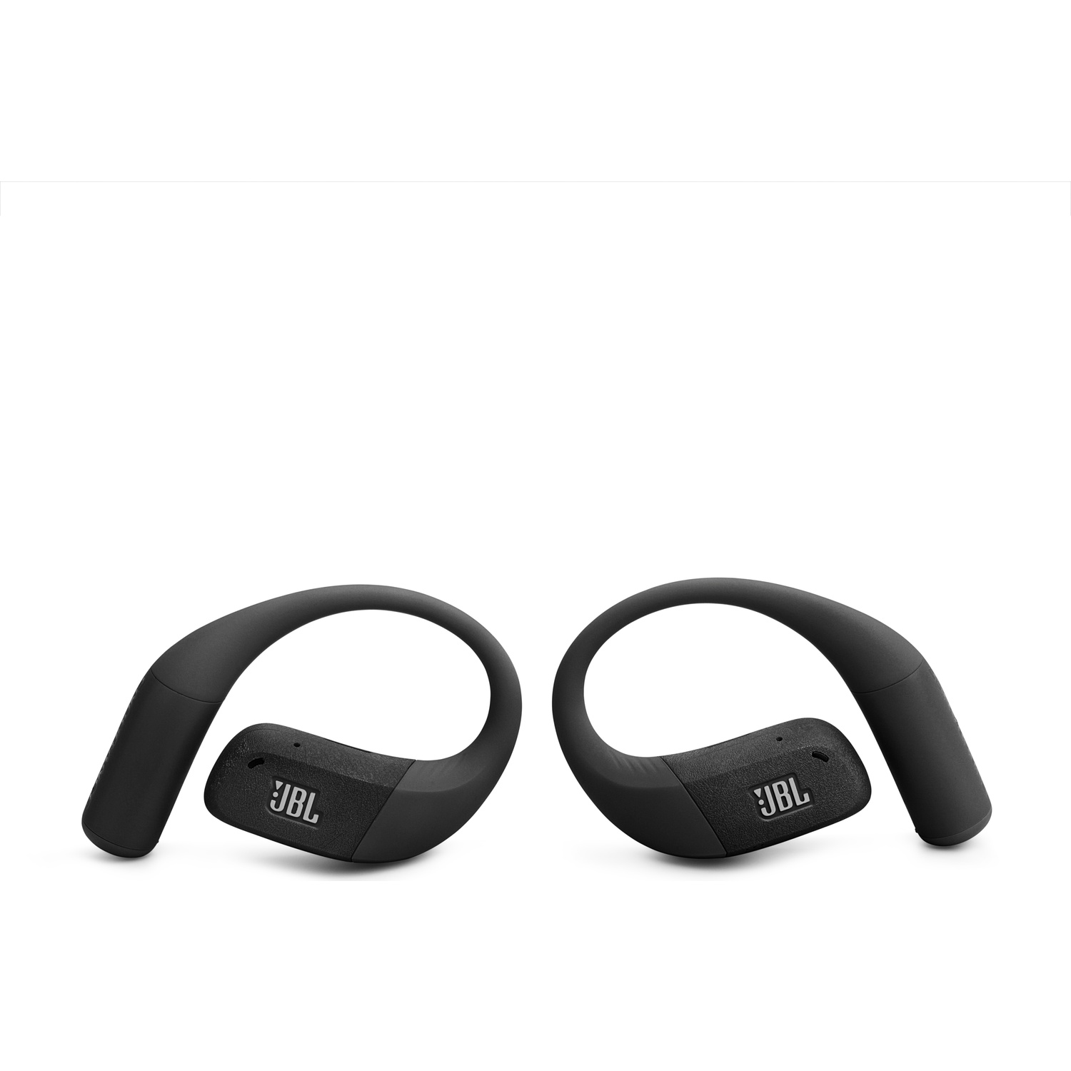 Deux écouteurs JBL noirs. Chacun a une conception auriculaire incurvée. Le logo JBL est visible sur l'écouteur. Le fond est blanc.