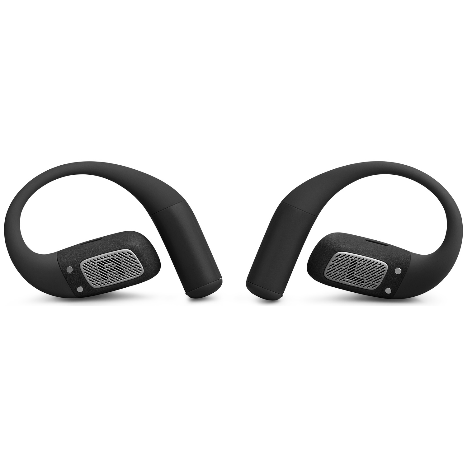 Deux écouteurs noirs à crochet d'oreille, avec des couvercles de haut-parleur gris, sur fond blanc, prêts à l'emploi.
