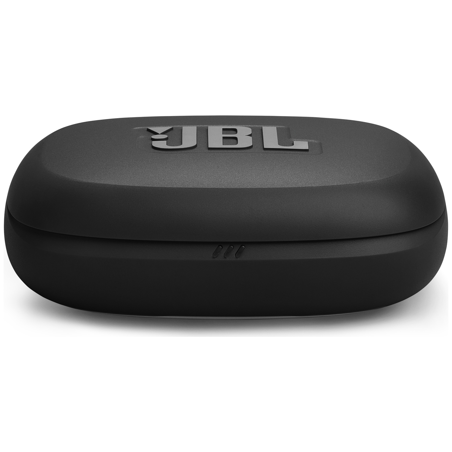 Un étui JBL noir fermé. Le logo JBL est sur le dessus. L'étui est sur fond blanc.