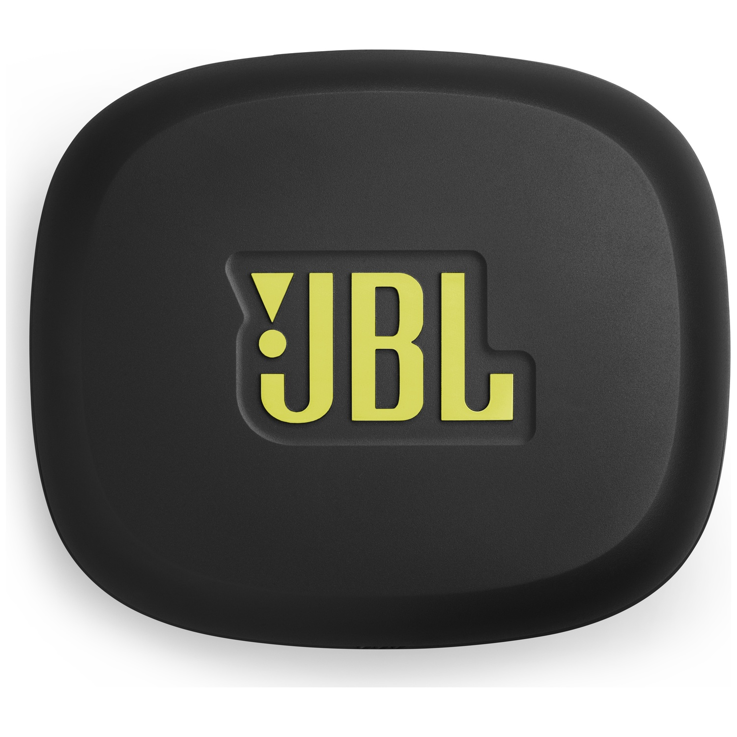 Étui noir de forme ovale avec le logo 'JBL' jaune. Le boîtier a une finition mate. Le fond est blanc.