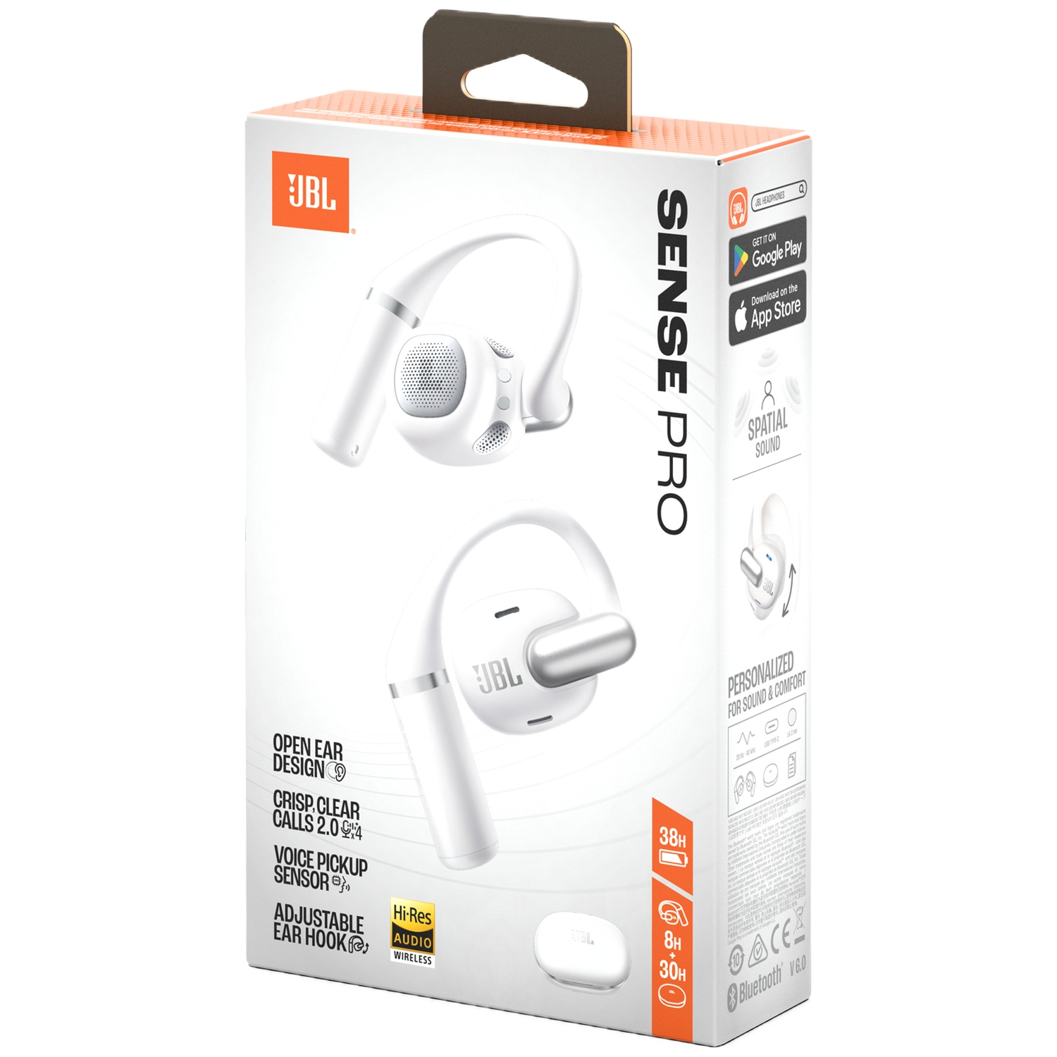 Une boîte blanche d'écouteurs JBL Sense Pro. Comprend l'audio haute résolution, la conception Open Ear et Bluetooth V6.0. La boîte est blanche et orange.