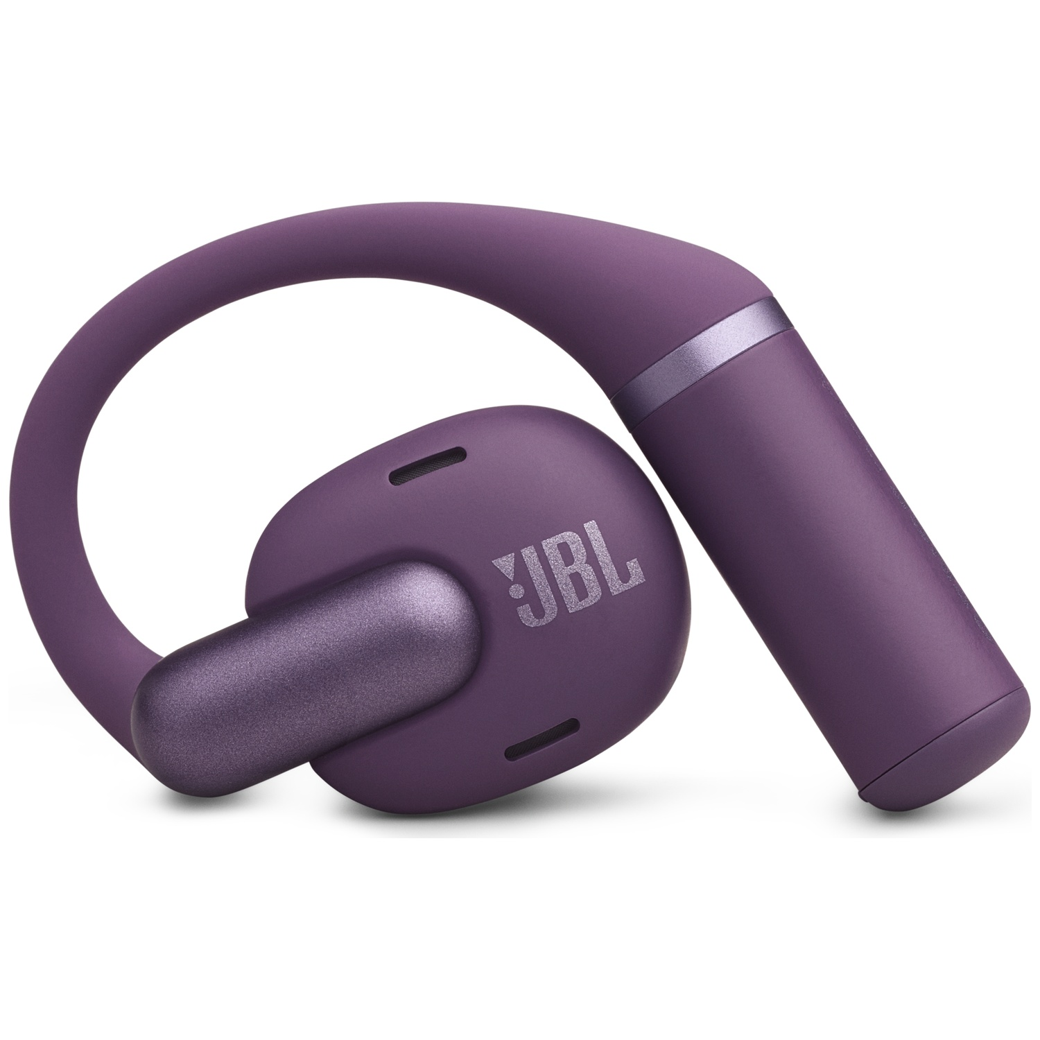 Écouteur sans fil JBL violet. Il a un support incurvé qui passe sur l'oreille. Le logo JBL est visible. Fond blanc.