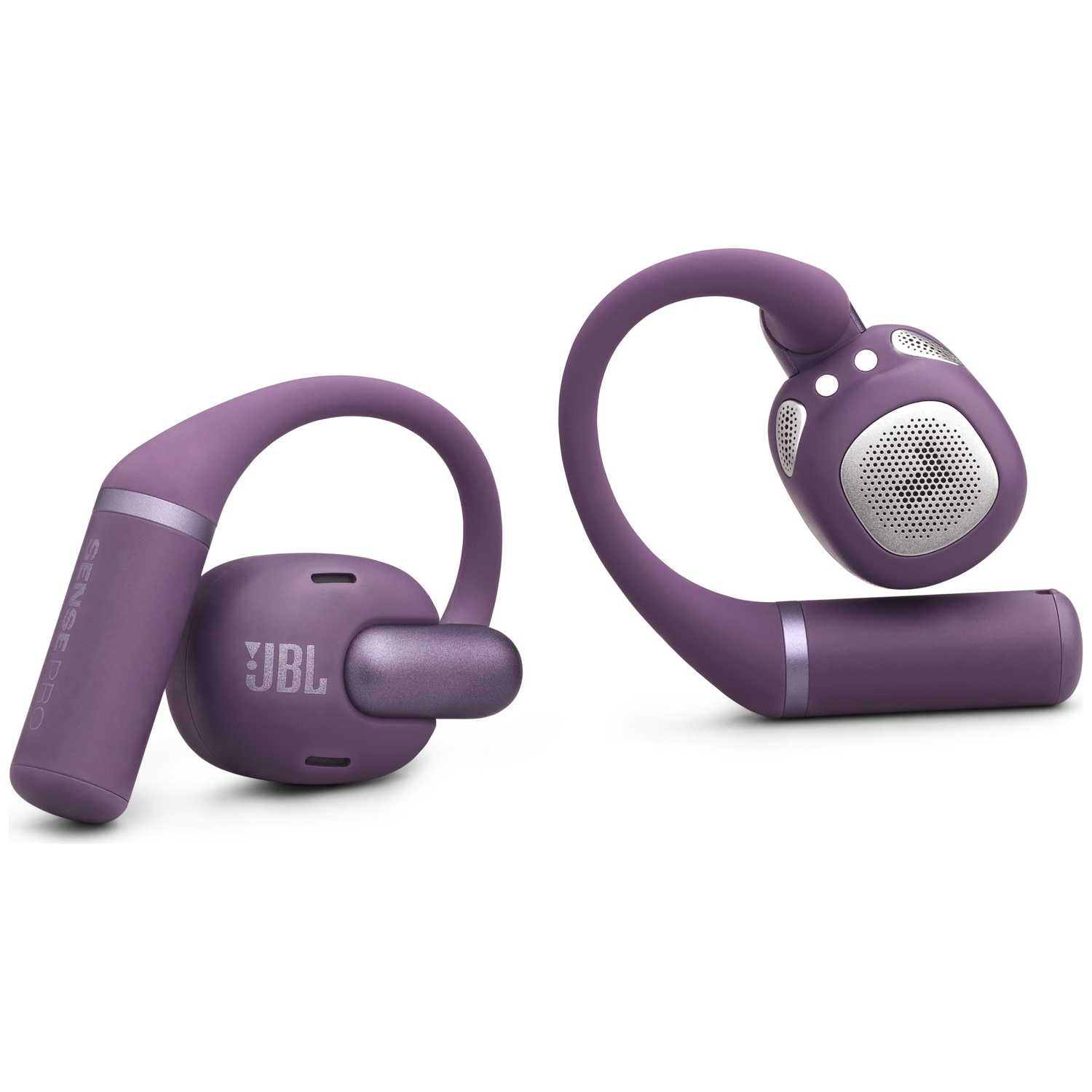 Deux écouteurs JBL violets, l'un face au spectateur. Les écouteurs ont un design incurvé avec un haut-parleur et un crochet d'oreille.