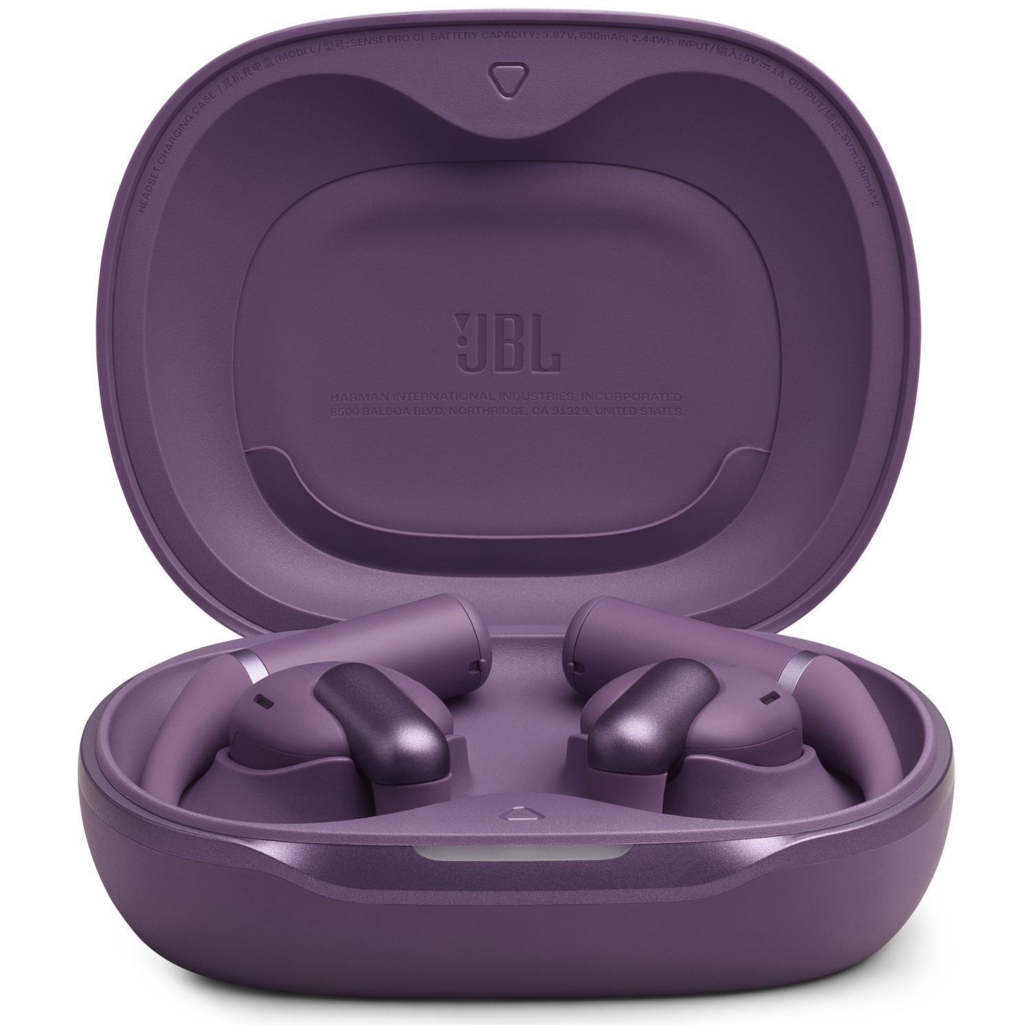 Écouteurs JBL violets dans un étui de chargement ouvert. L'étui et les écouteurs sont violets. Le fond est blanc.
