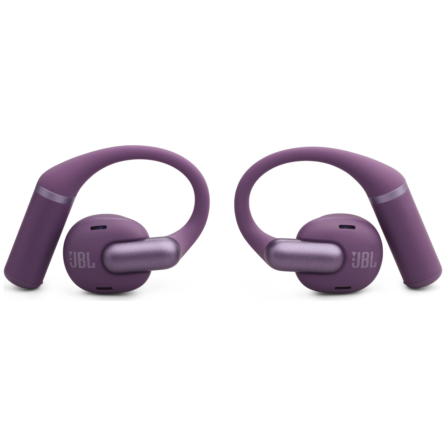 Deux écouteurs JBL violets sur fond blanc. Les écouteurs ont une conception à crochet pour un maintien sûr.