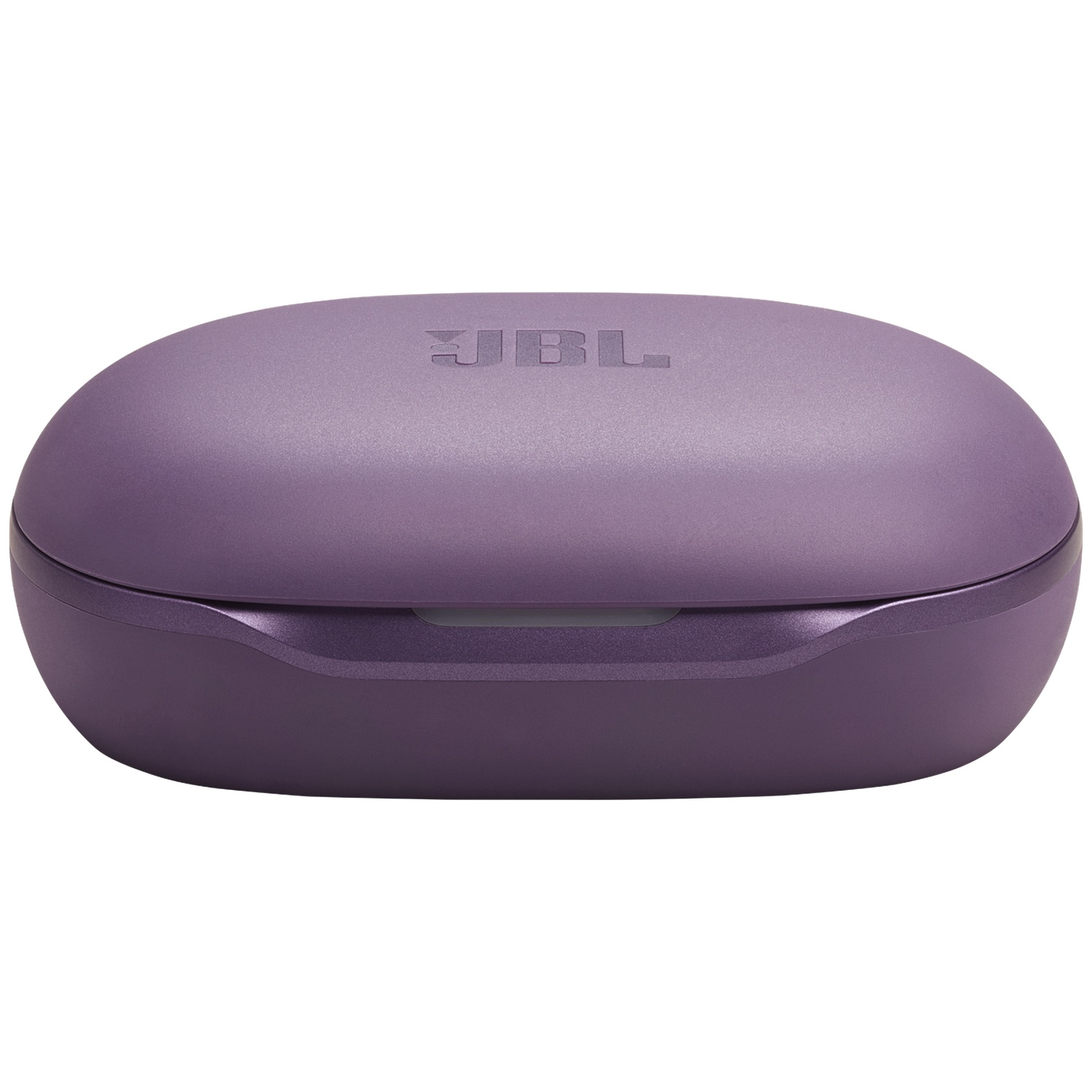 Un étui d'écouteurs JBL violet. L'étui est de forme ovale avec le logo JBL sur le dessus. L'étui est fermé, avec une finition mate.