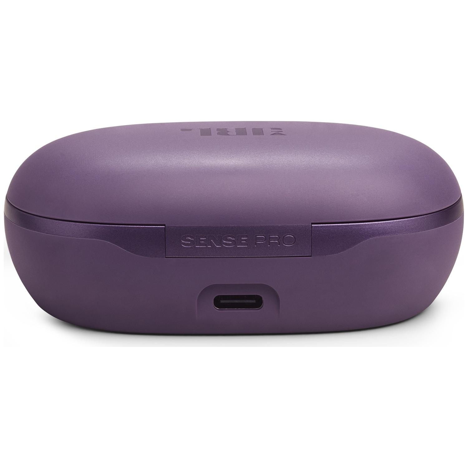 Un étui d'écouteurs JBL Sense Pro violet. Il a une forme rectangulaire arrondie avec les mots "SENSE PRO" et un port de chargement.